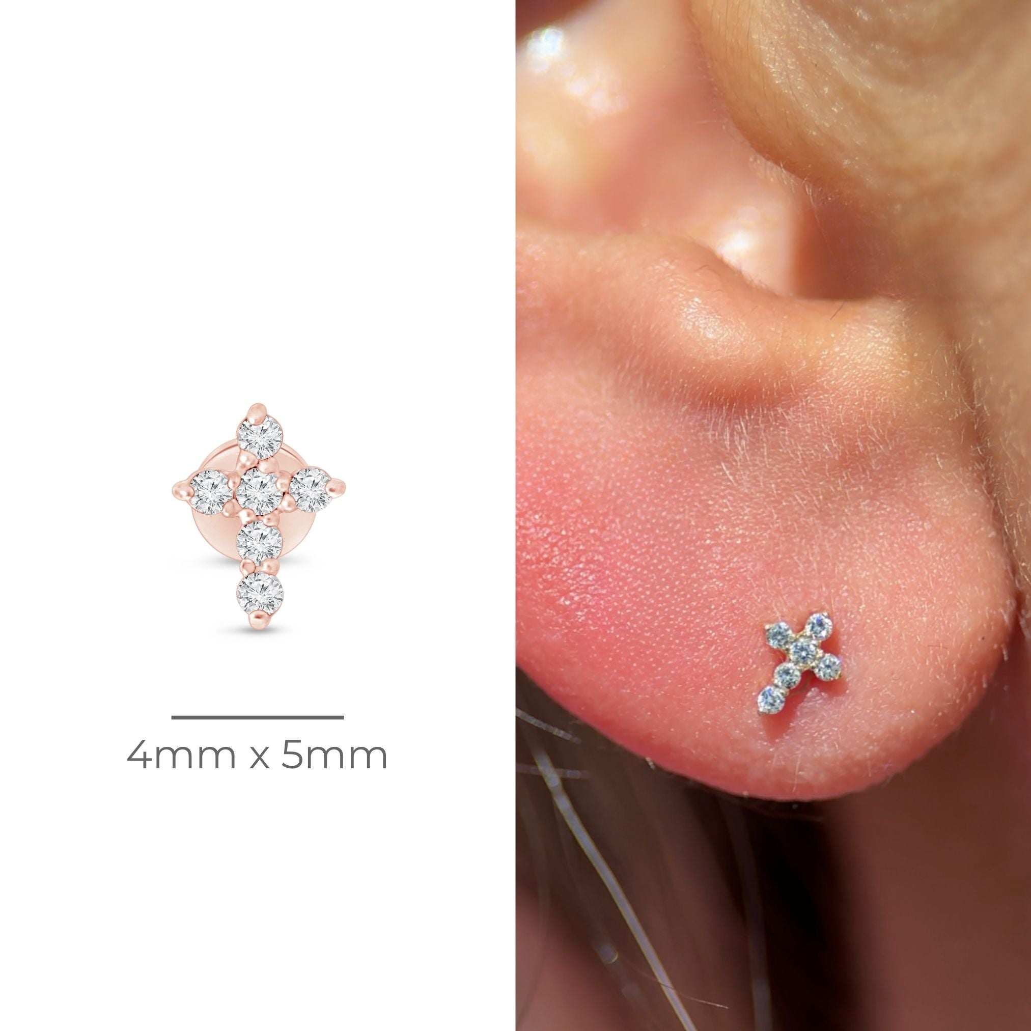 14K Rose Gold Diamond Pavé Cross Stud Earrings - Hypoallergenic Flat Back Earrings for Women, Perfect for Daily Wear, Gifts & Special Occasions