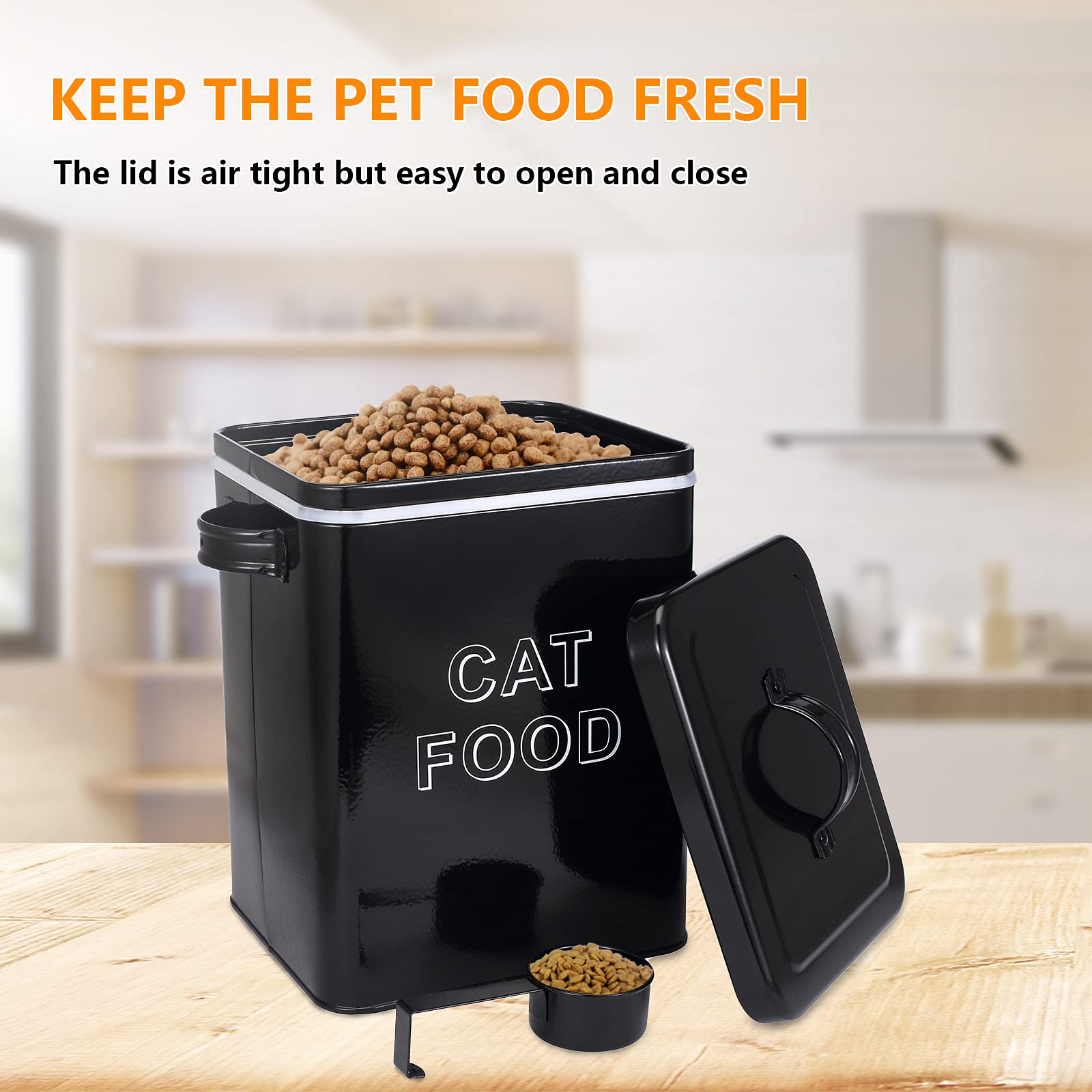 Premium Airtight Pet Food Storage Containers for Cats & Dogs - 2-Pack with Scoop & Wood Lids - Carbon Steel Cat Treat Canisters - Kitchen & Pantry Organization - Black