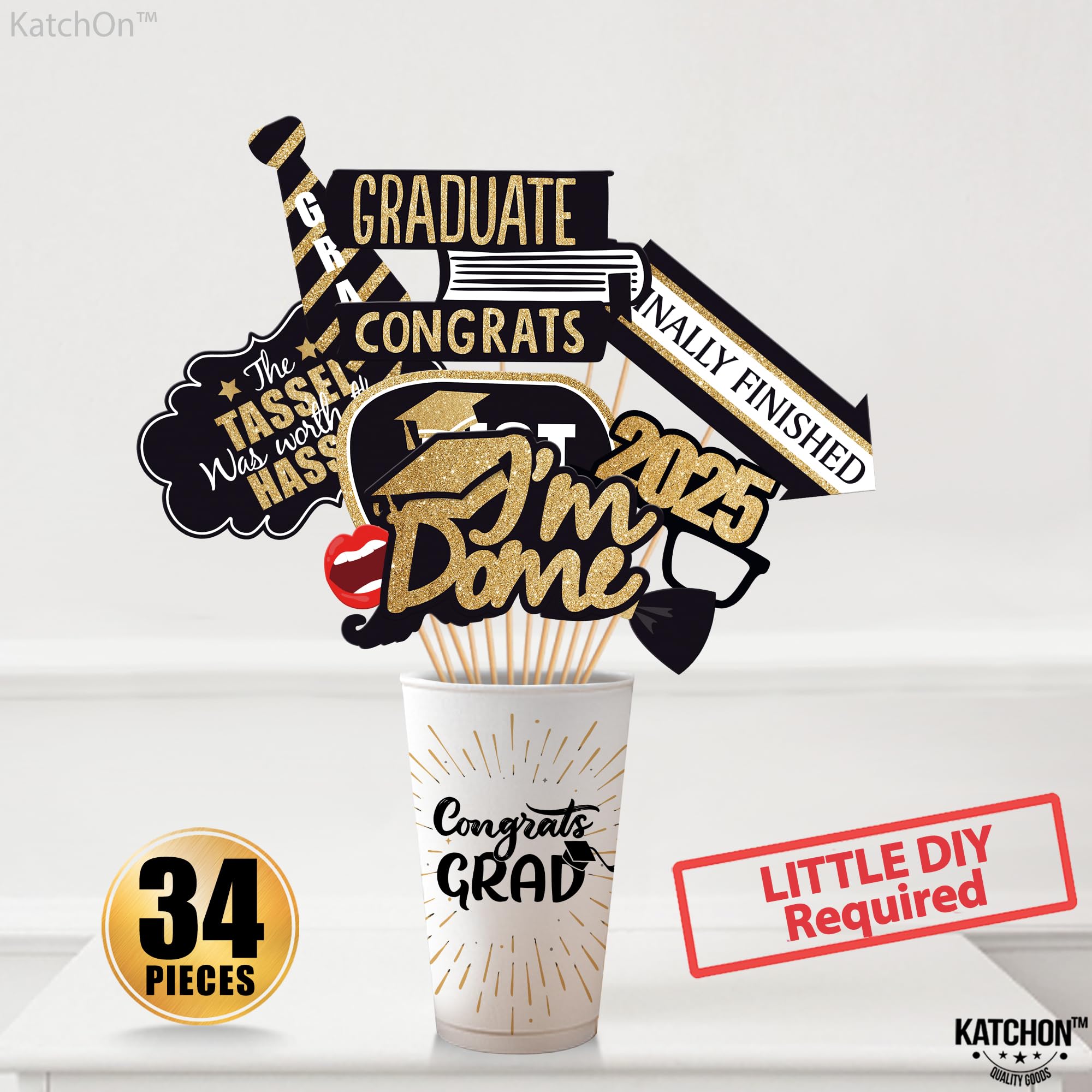 KatchOn 34-Piece Black & Gold Graduation Photo Booth Props Kit - Class of 2025 Decorations for Graduation Parties, Photo Backdrops & Cap Decor | Glitter Photo Booth Accessories for Graduation Celebrations