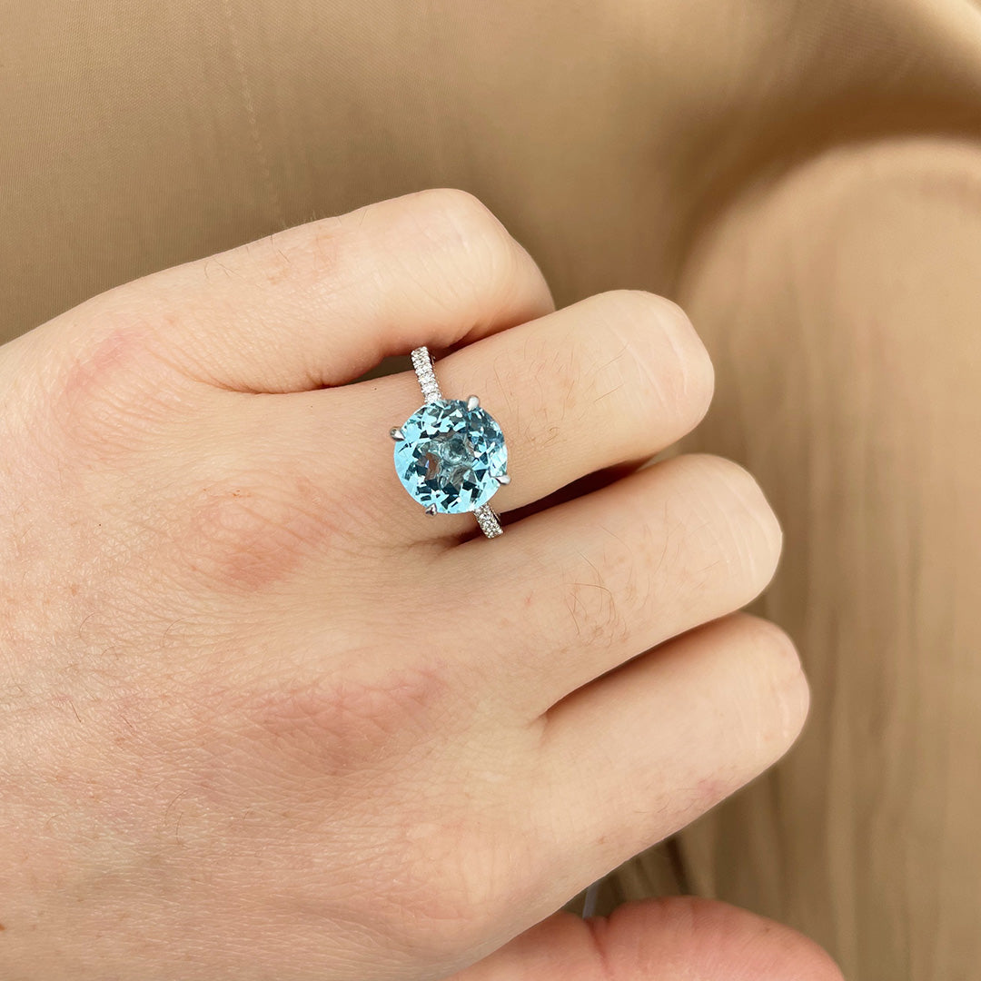 3.68ct Round Aquamarine & Diamond Pavé Platinum Ring - Elegant Engagement, Wedding, Anniversary Jewelry Gift for Her