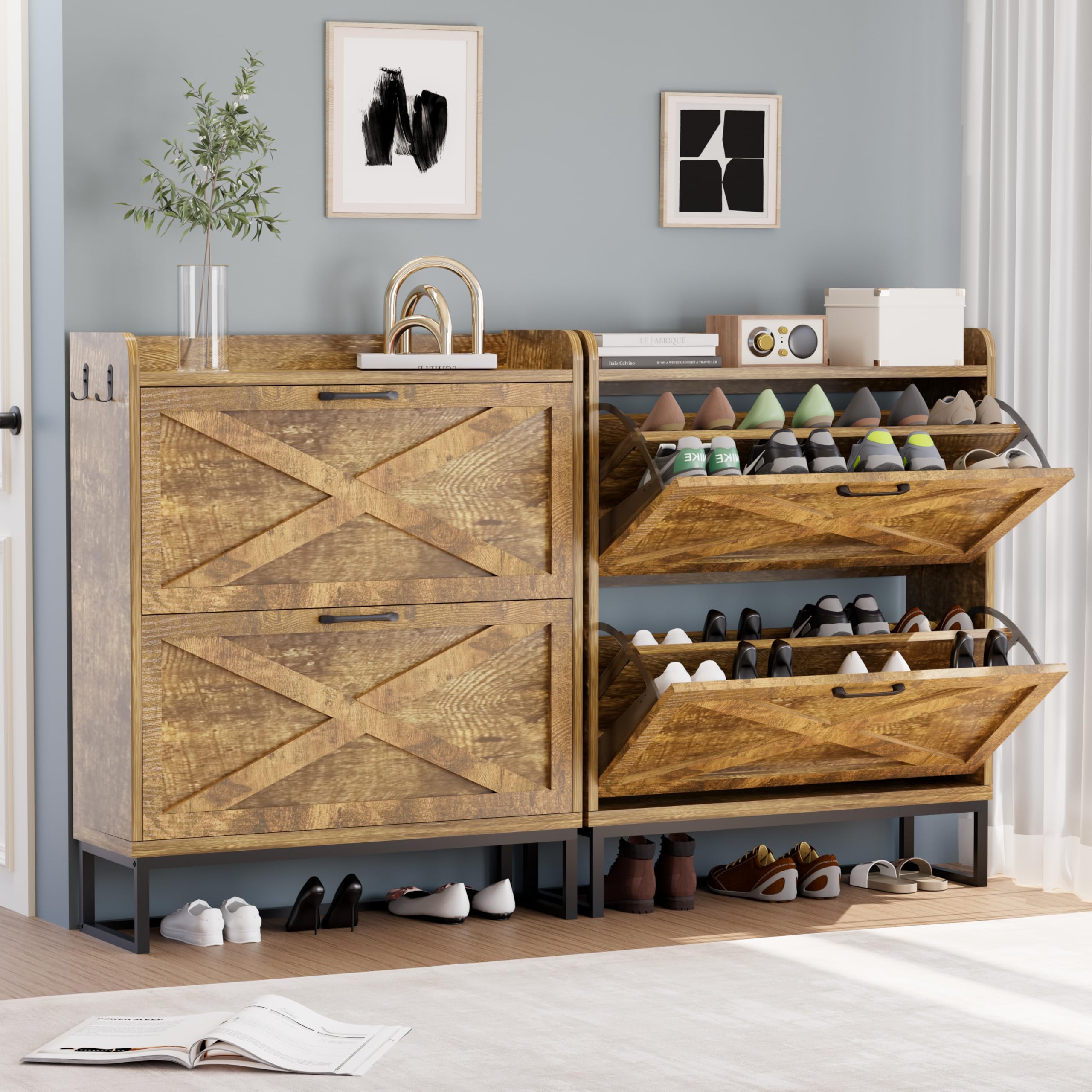 Slim Shoe Cabinet for Entryway - 2 Flip Drawers Shoe Organizer with Hidden Storage & Metal Legs, Farmhouse Free Standing Shoe Rack Cabinet in Rustic Brown - Perfect for Small Spaces, Apartments and Home Organization
