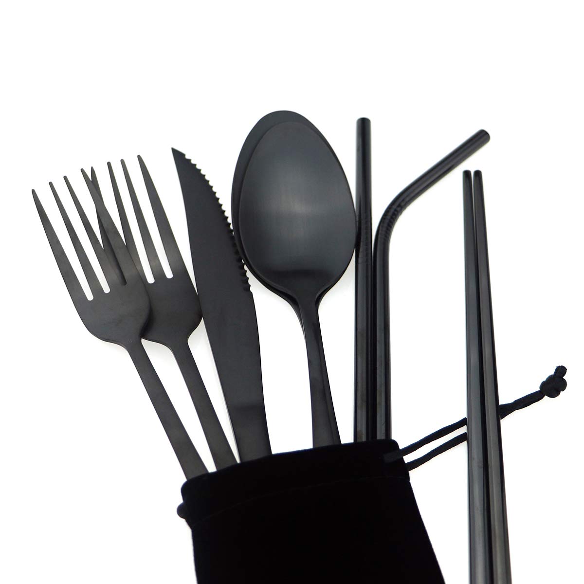 Eco-Friendly Black Reusable Utensil Set with Travel Case - Stainless Steel Camping Cutlery Kit (Knife, Fork, Spoon, Straw, Chopsticks) - Matte Finish Flatware for Hiking, Office Lunch, School & Outdoor Dining