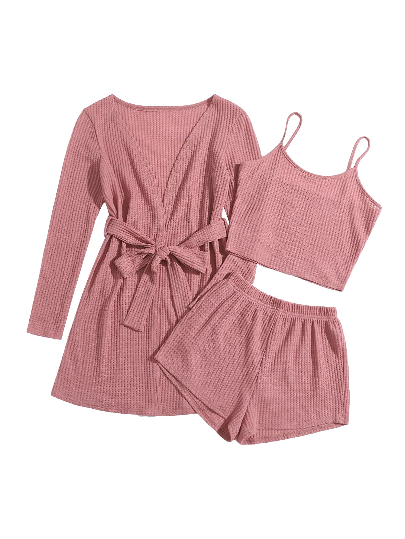 Milumia Women's 3-Piece Waffle Knit Pajama Set - Soft Robe, Cami Top & Shorts - Cozy Loungewear for Sleep, Relaxation & Spa Days