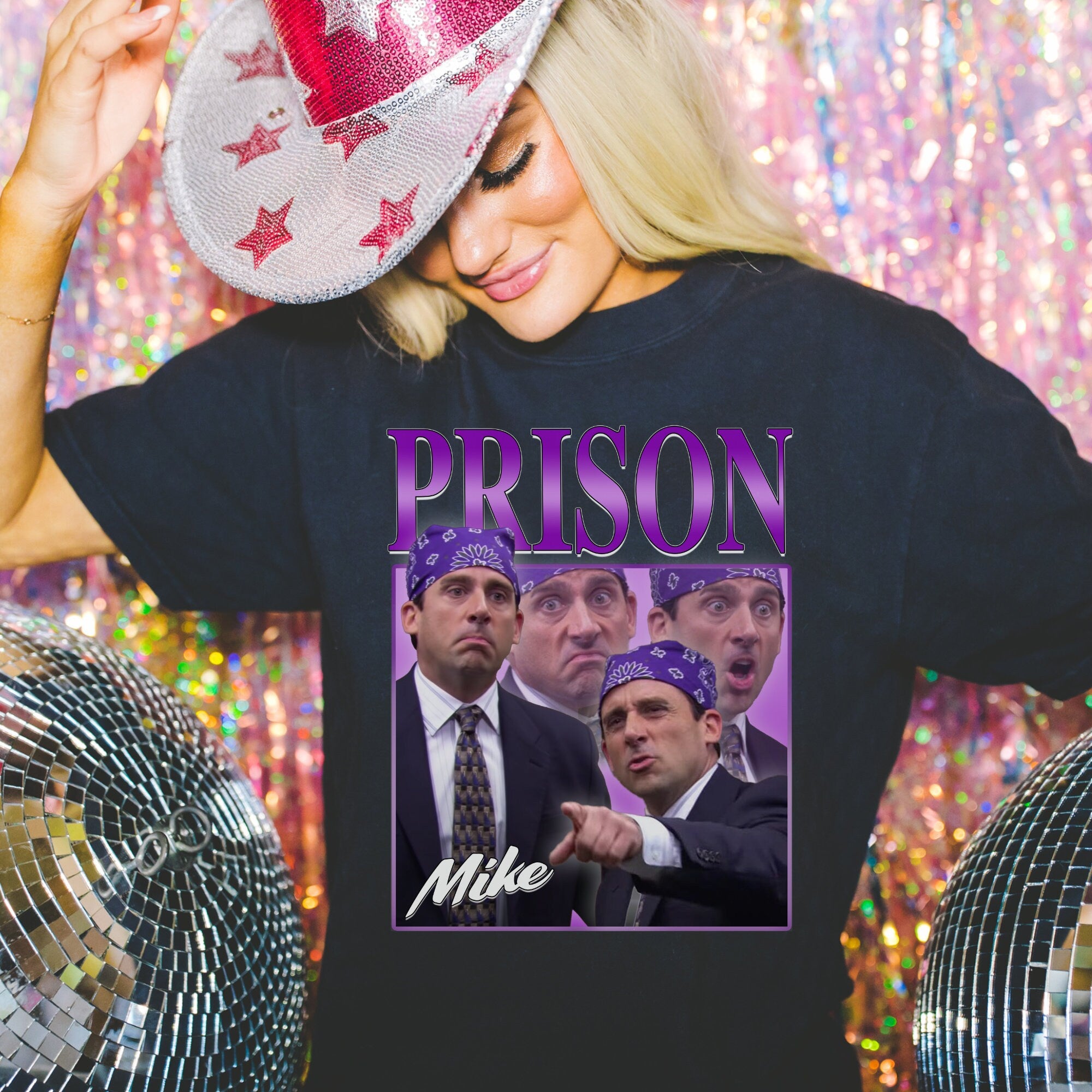 Prison Mike Shirt - The Office Michael Scott T-Shirt - Funny TV Show Fan Gift - Dwight Schrute Tee - 90s Hip Hop Style - Perfect for Cosplay, Halloween & Office Themed Parties