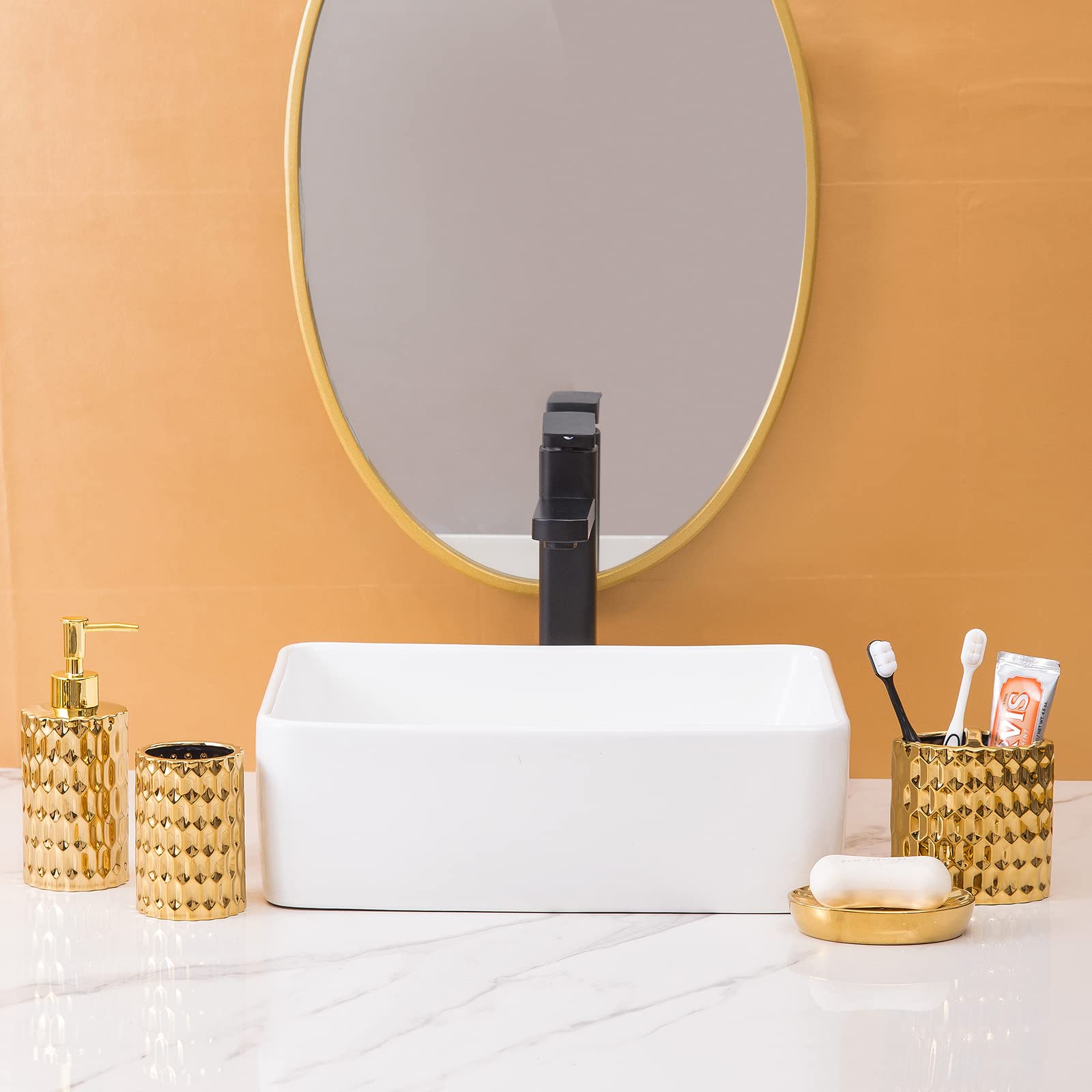 Luxury 5-Piece Gold Bathroom Accessories Set - Ceramic Toothbrush Holder, Soap Dispenser, Soap Dish, Tumbler & Trash Can | Elegant Bathroom Decor for Modern Homes & Hotels | Perfect for Spa-Like Experience & Upscale Interior Design