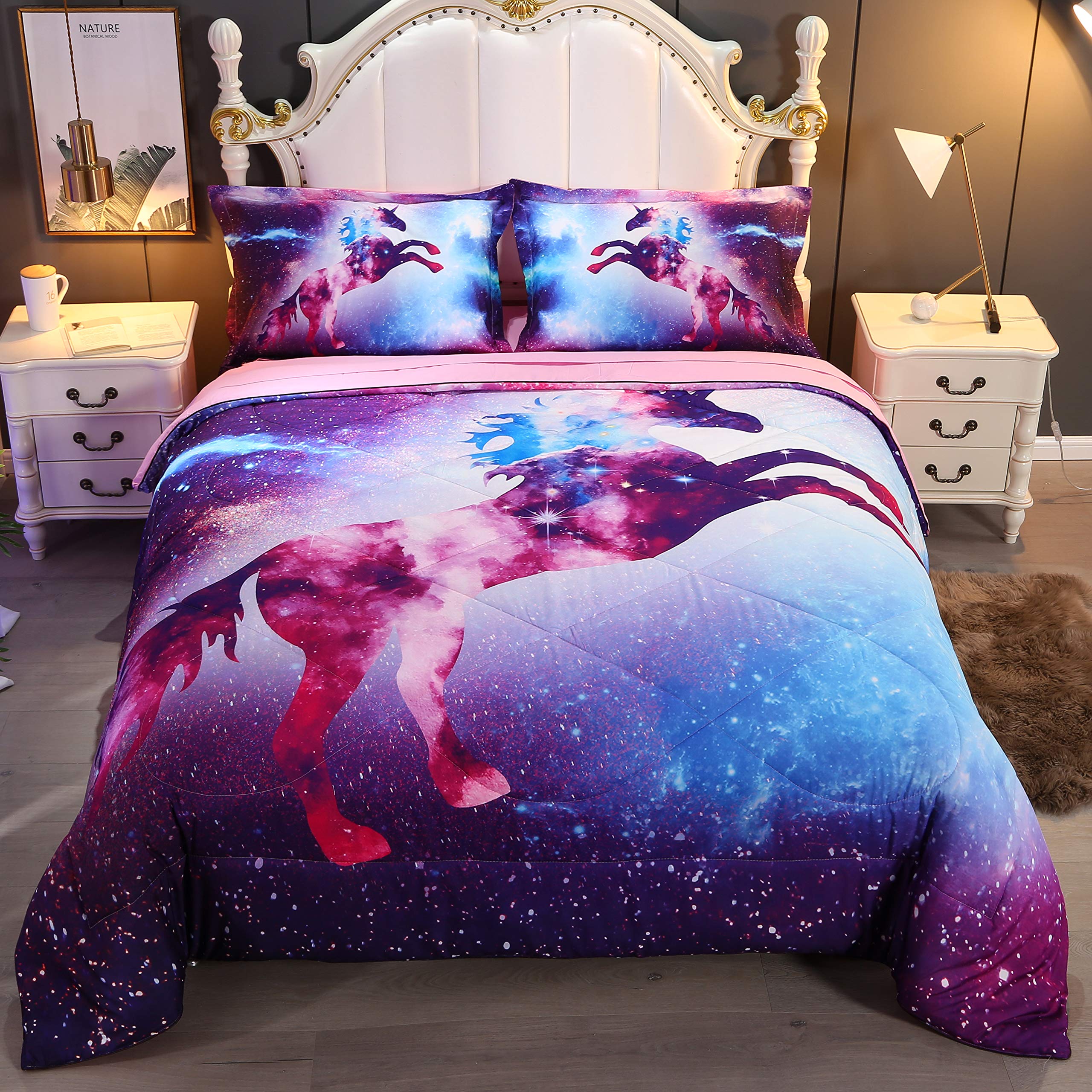 Wowelife 5-Piece Galaxy Unicorn Bedding Set for Queen Size Beds - Premium 3D Printed Comforter Set for Girls, Teens & Adults - Ultra Soft & Comfortable Bed Sheets for Kids' Rooms, Dorm Decor & Gift Ideas