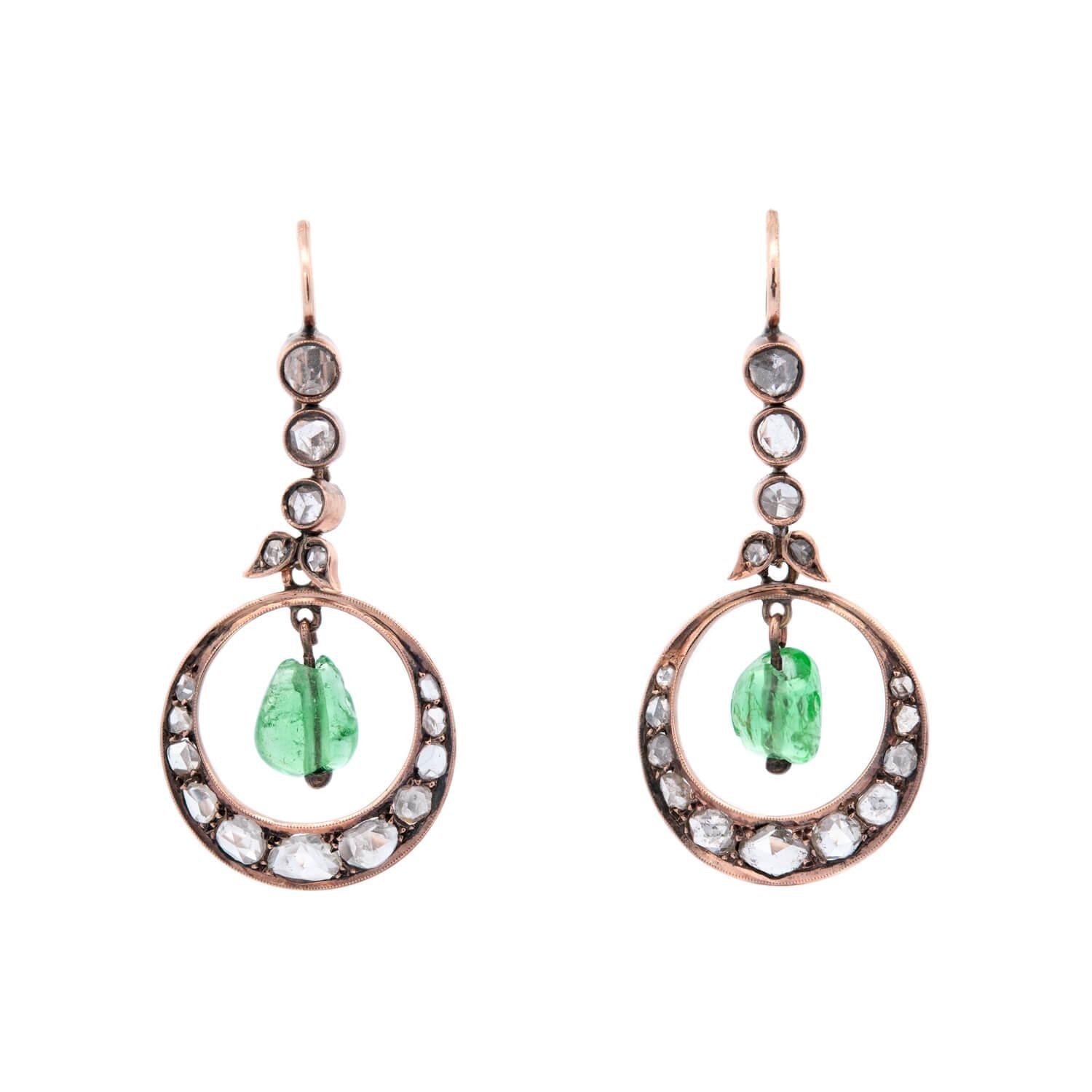 Exquisite Victorian Style 15K Gold Diamond & Emerald Dangle Earrings 2CTW - Perfect for Weddings, Evening Galas & Special Occasions