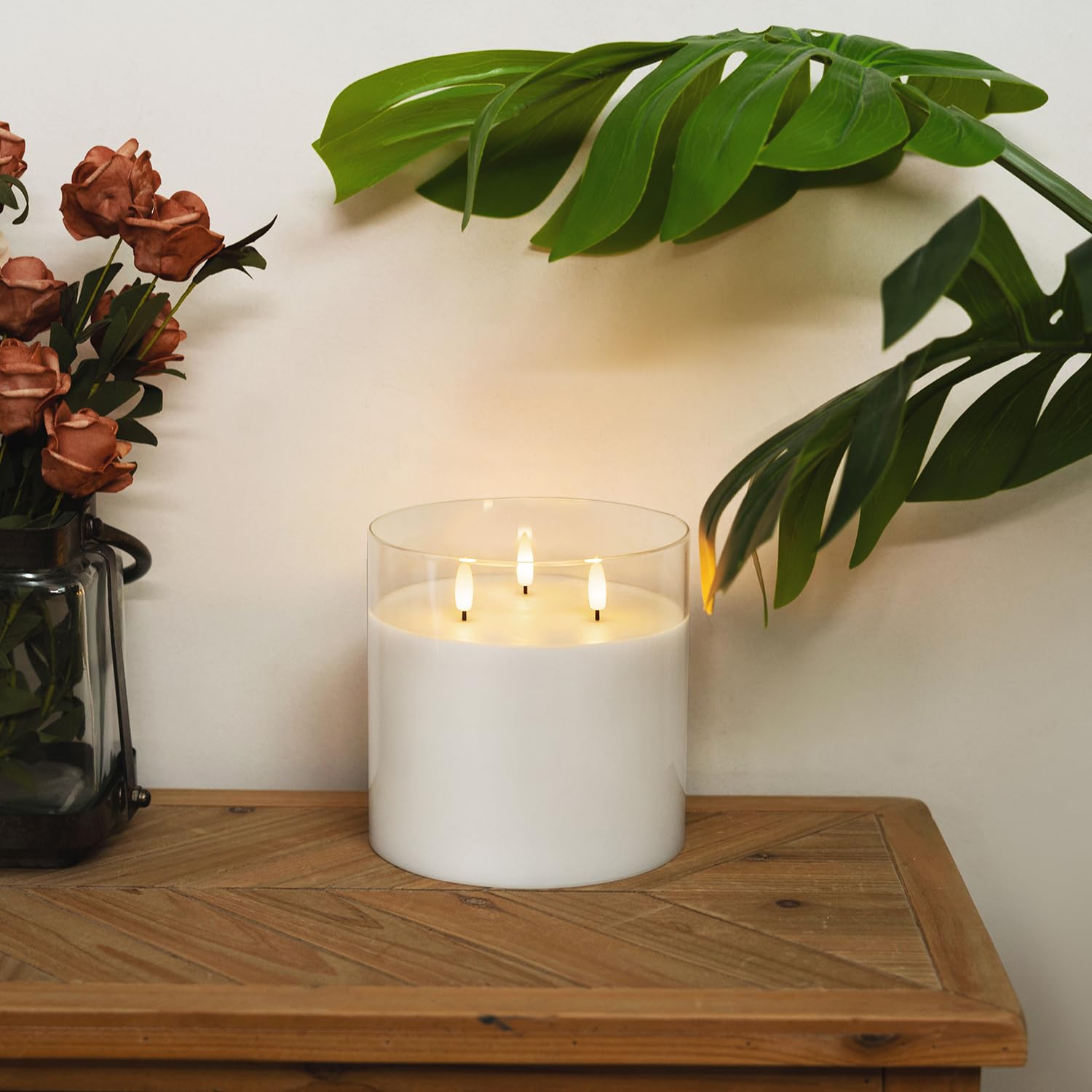 Homemory 6X6'' Extra Large Flameless LED Candle - 3-Wick Battery Operated Pillar Candle with Remote & Timer - Real Wax Glass Candle in Pure White - Perfect for Weddings, Home Decor & Relaxation