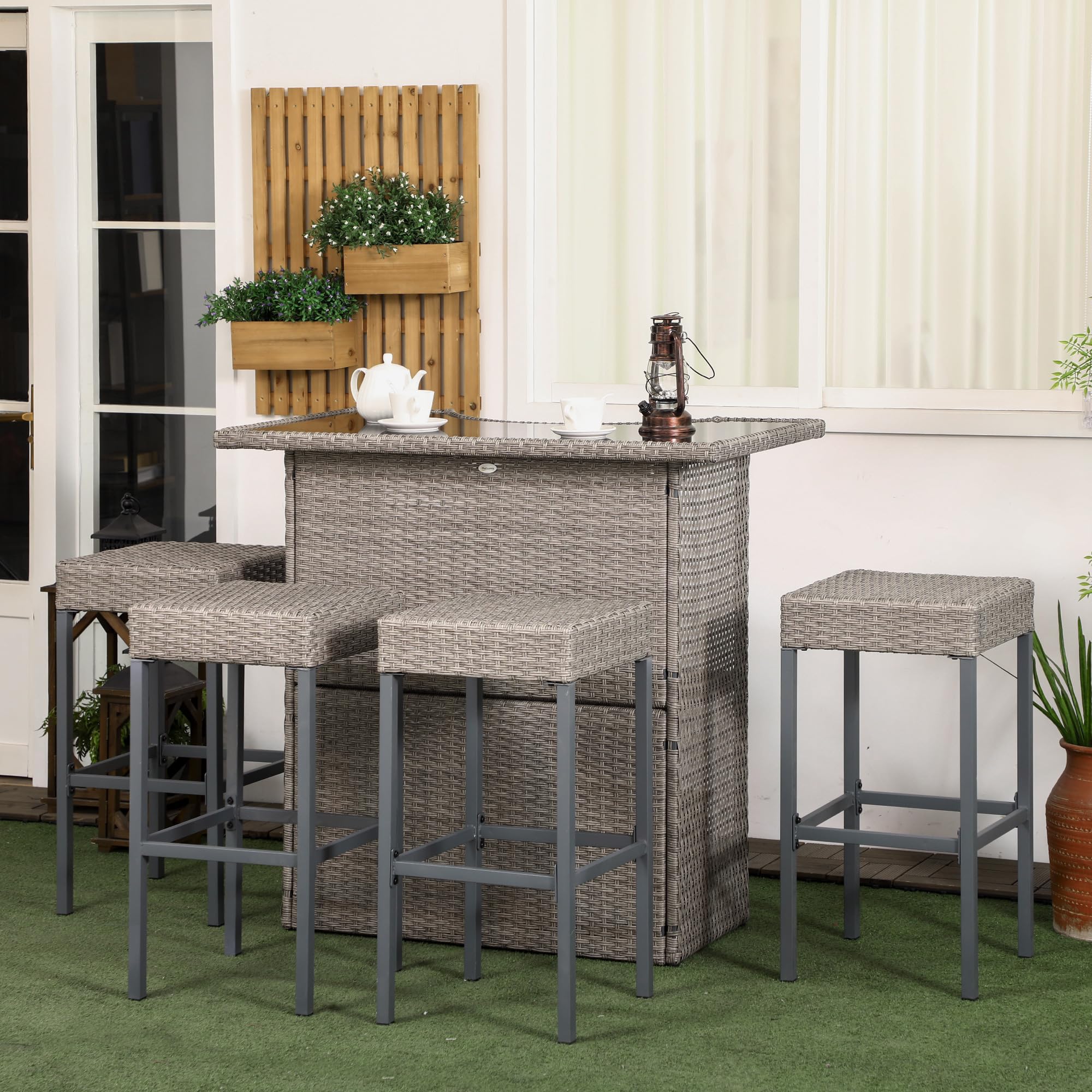Outsunny 5-Piece Rattan Wicker Bar Set - High Top Outdoor Table & 4 Chairs with Glass Table Top & 2-Tier Storage Shelf - Patio Dining Set for Garden, Poolside, Backyard, Restaurant, Cafe (Gray)