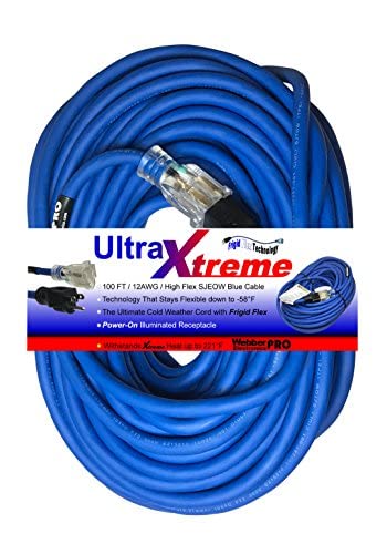 UltraXtreme Hi-Flex 100FT All Weather Extension Cord - 12AWG Heavy Duty Locking Power Cable with Frigid Flex Technology & LED Light - Ideal for Outdoor, Construction, RV, and Emergency Power Use
