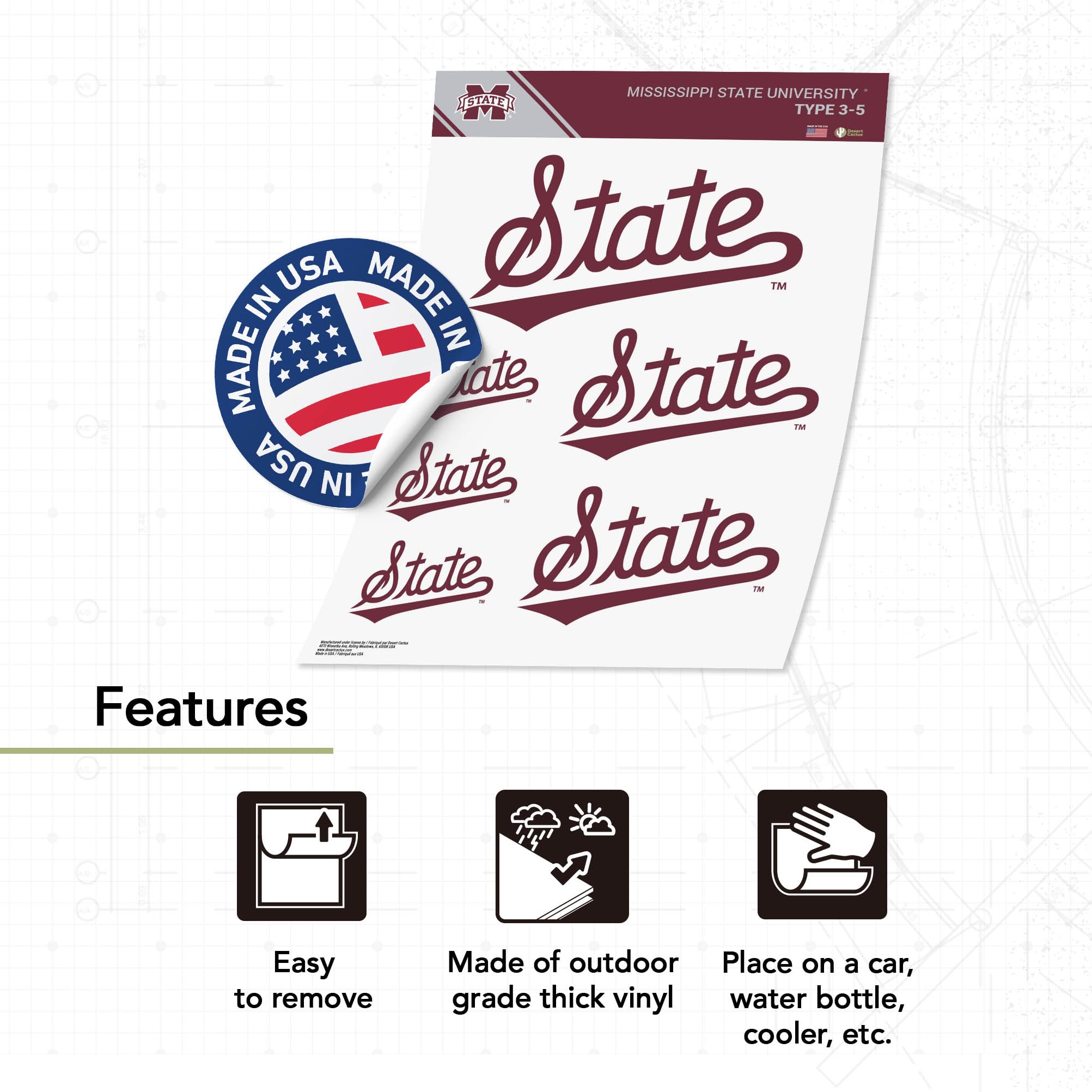 Mississippi State University Bulldogs MSU Desert Cactus Vinyl Decals - Waterproof Stickers for Laptop, Water Bottle, Car, Scrapbook (Pack of 3-5) - Perfect for College Fans, School Spirit & DIY Crafts