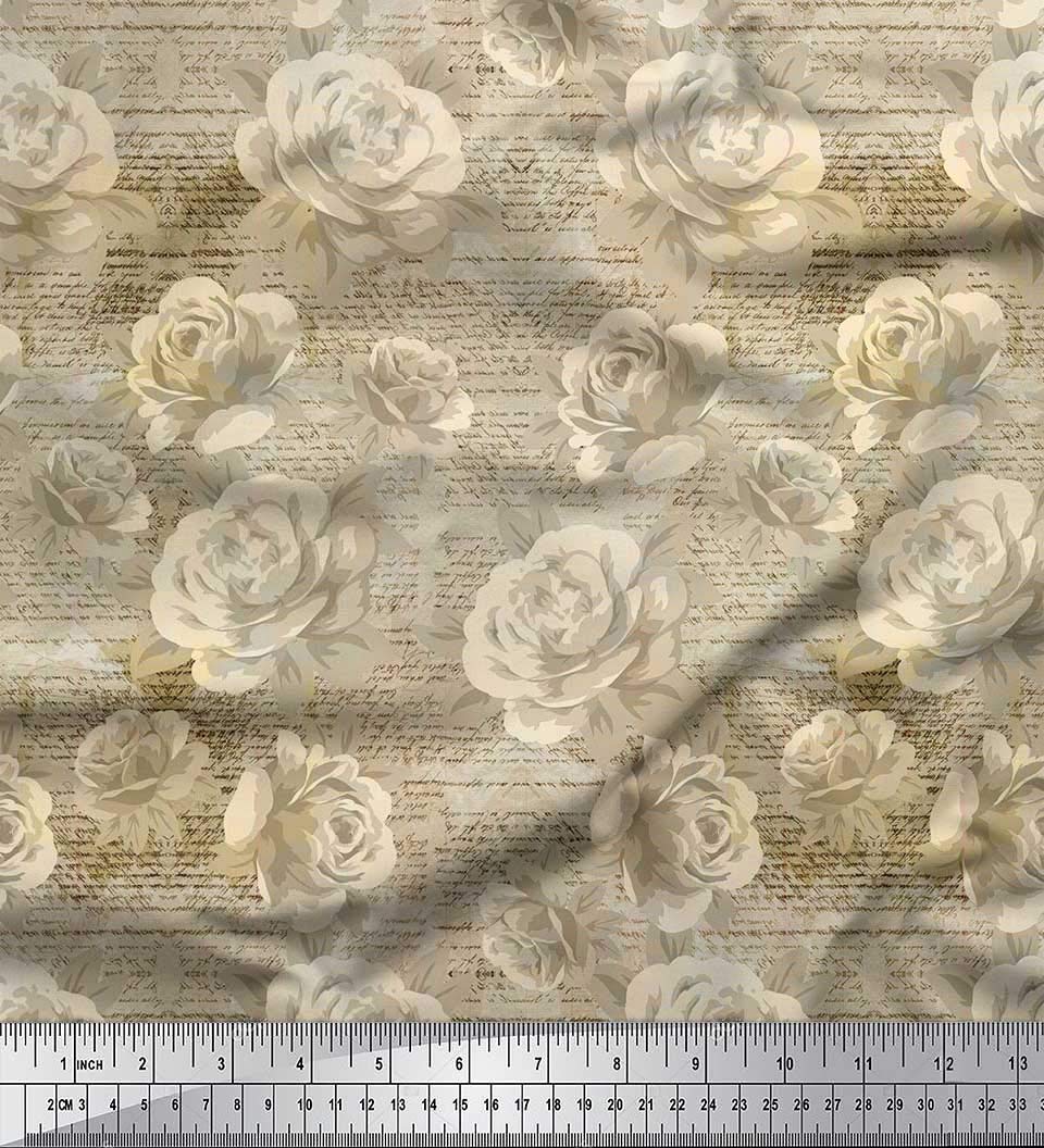 Soimoi 100% Cotton Voile Fabric - Green Printed Text, Leaves & Rose Floral Design - 42 Inch Wide by The Yard - Lightweight & Breathable for Dresses, Curtains, Scarves & DIY Crafts