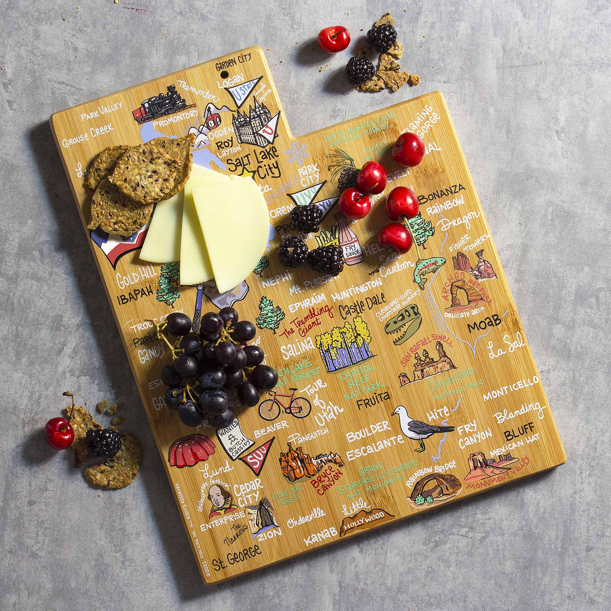 Premium Utah-Themed Wooden Cutting Board with Fish Kiss™ Artwork - Durable Kitchen Essential for Chopping, Serving & Home Decor