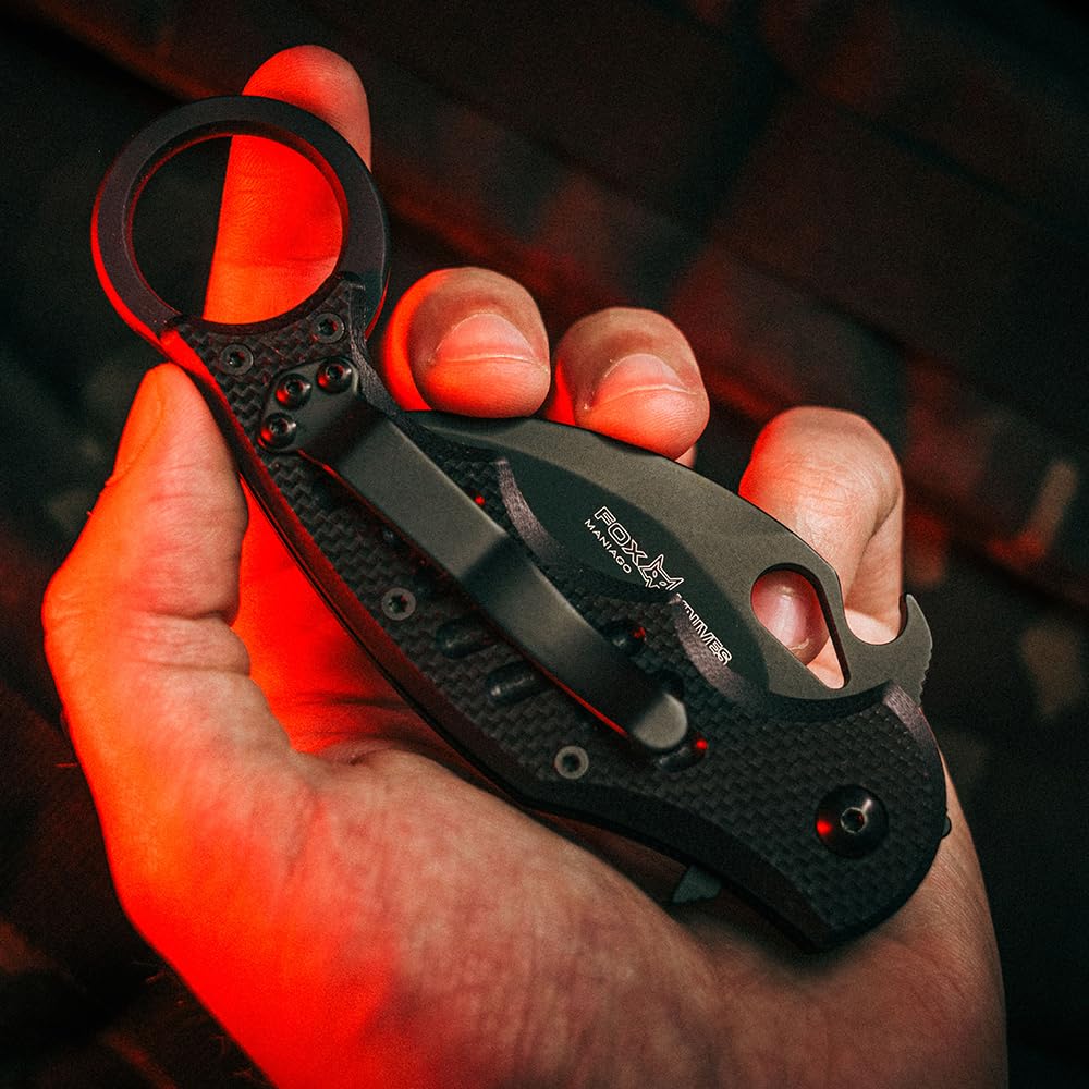 Fox FX-599 Folding Pocket Knife - N690Co Stainless Steel Blade, Black G10 Handle, Emerson Wave Opening, Liner Lock & Reversible Clip | EDC, Outdoor Survival, Camping & Tactical Use