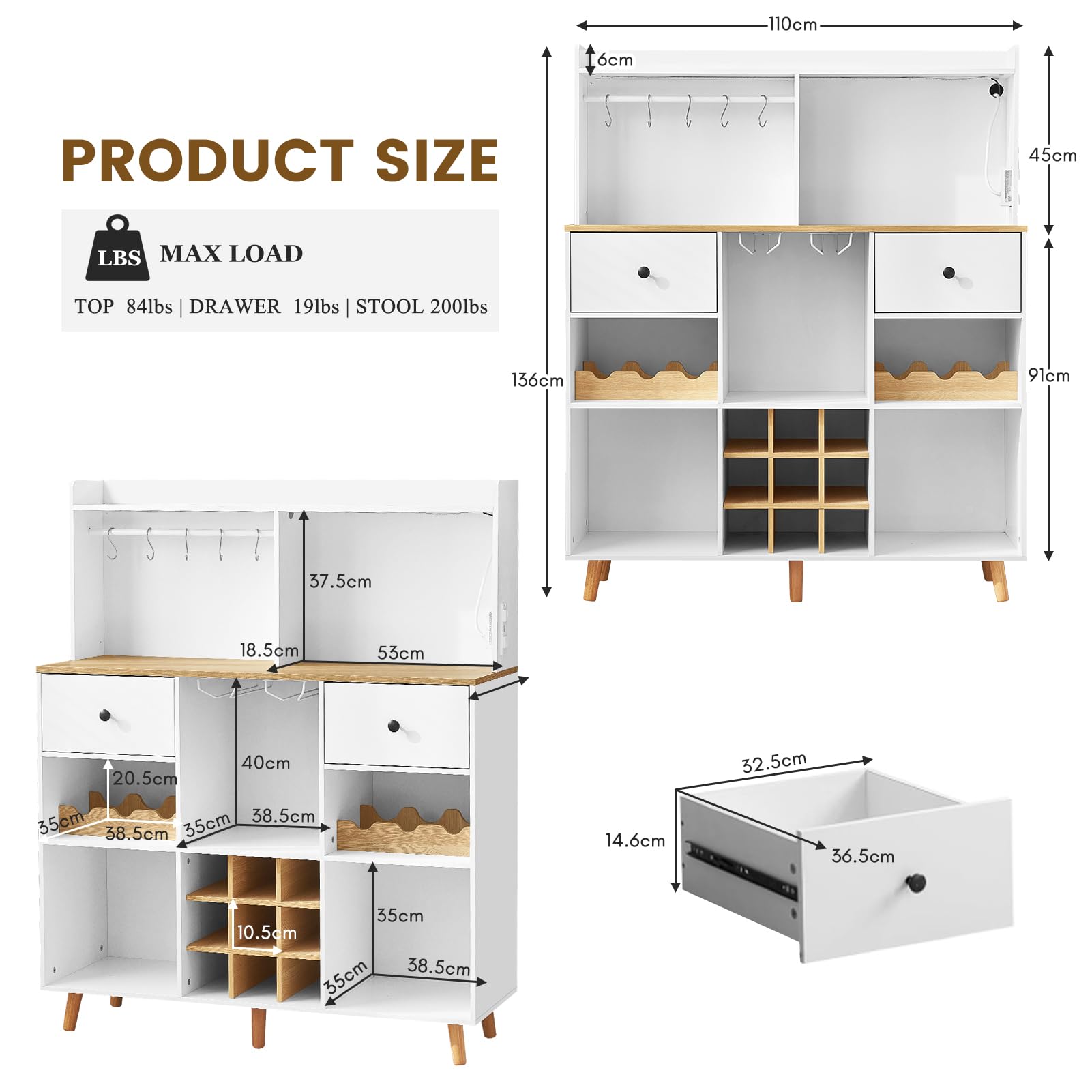 Wine Bar Cabinet with Power Outlet & LED Lights - Modern Bar Storage Cabinet with Drawers, Adjustable Shelves - Perfect for Liquor, Wine Glasses & Coffee Bar Organization - Ideal for Dining Room, Living Room or Home Bar Setup
