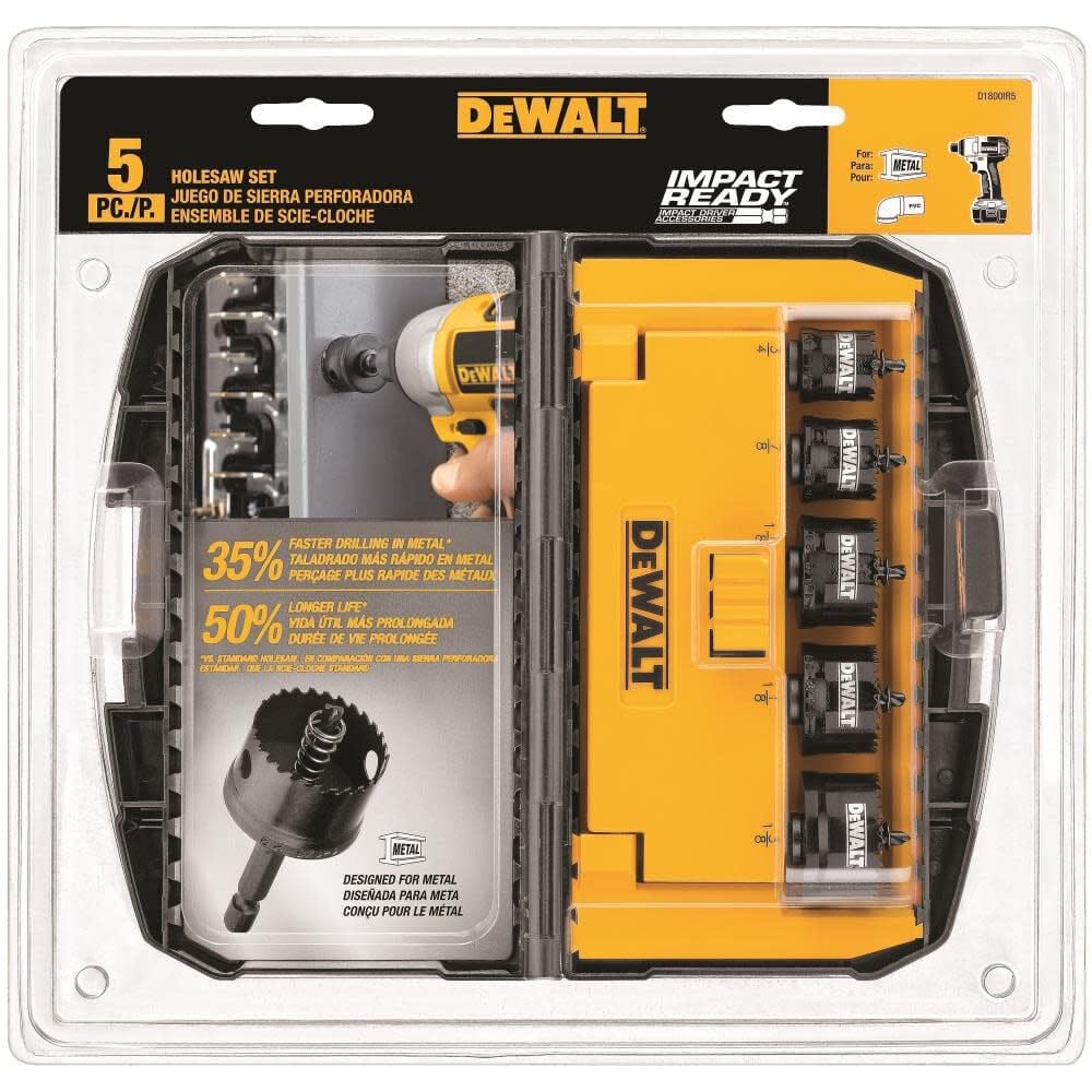 DEWALT 5-Piece Impact Hole Saw Set - Heavy Duty Metal & Wood Cutting Kit for Drilling, Plumbing & Electrical Work