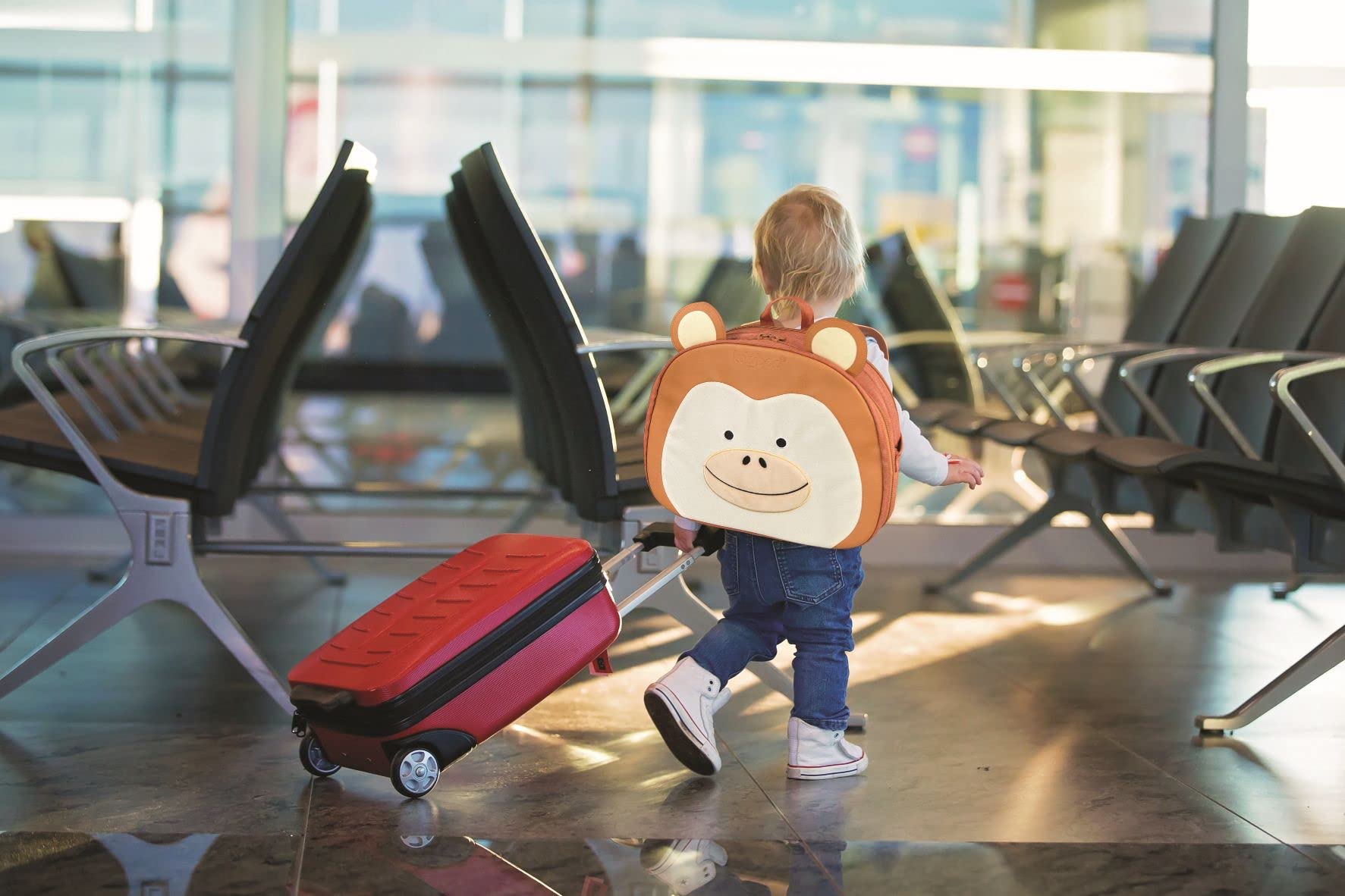Lulyboo Toddler Travel Tray with Backpack - Portable Car Seat & Airplane Tray Table for Kids - Built-in Cup Holder, 8 Storage Pockets & Firm Writing Surface - Perfect for Road Trips, Flights & Homeschooling (Monkey Design)