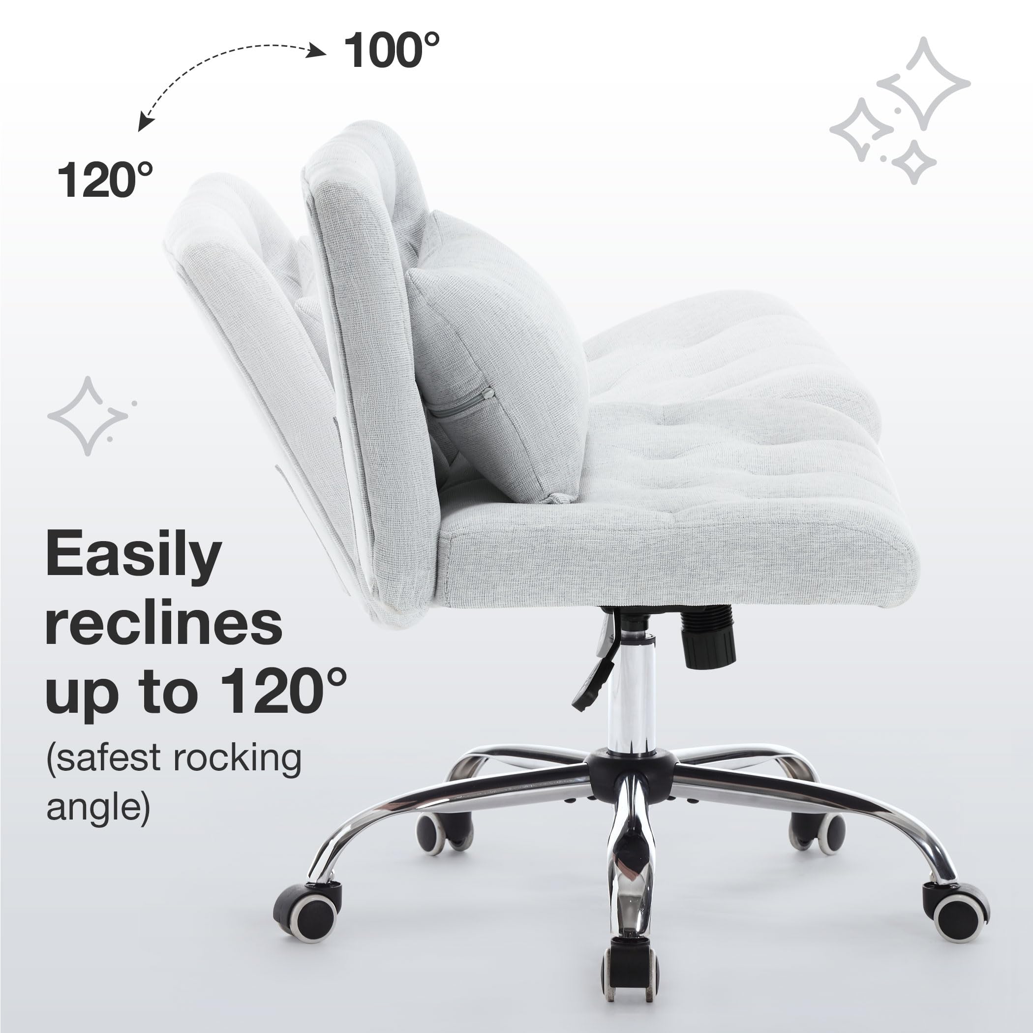 Armless Fabric Office Desk Chair with Wheels - Cross Legged Wide Seat Ergonomic Computer Task Chair for Small Spaces - Modern Home Office Chair with Lumbar Support - Perfect for Women's Vanity, Gaming, and Compact Workspaces
