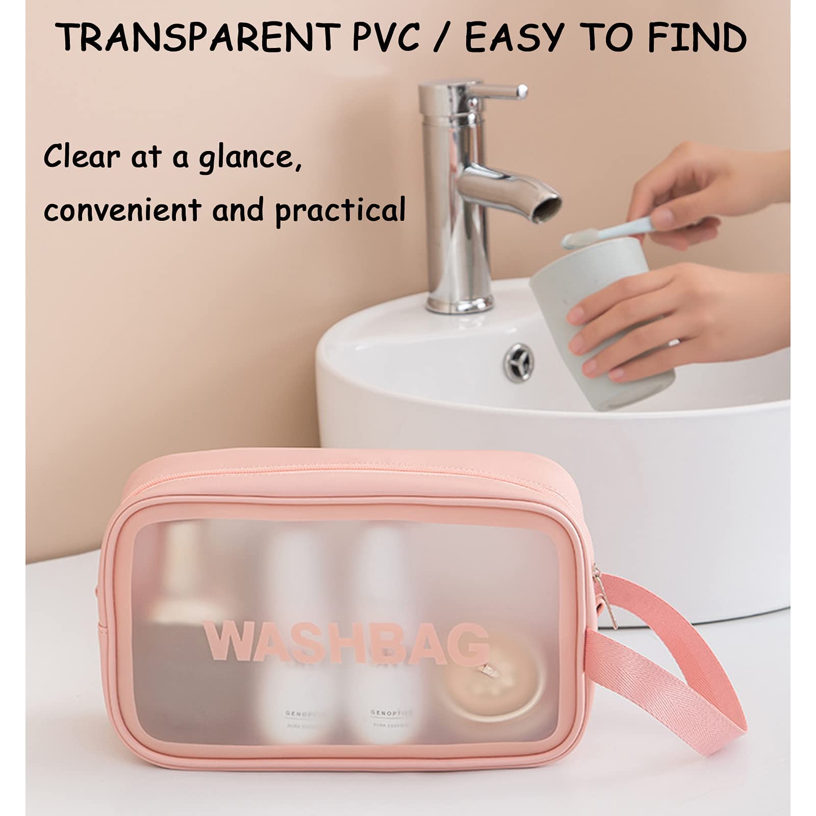 3Pcs Clear Travel Toiletry Bags - Waterproof PVC Cosmetic Organizer for Women & Men (Pink) - Perfect for Airports & Gym