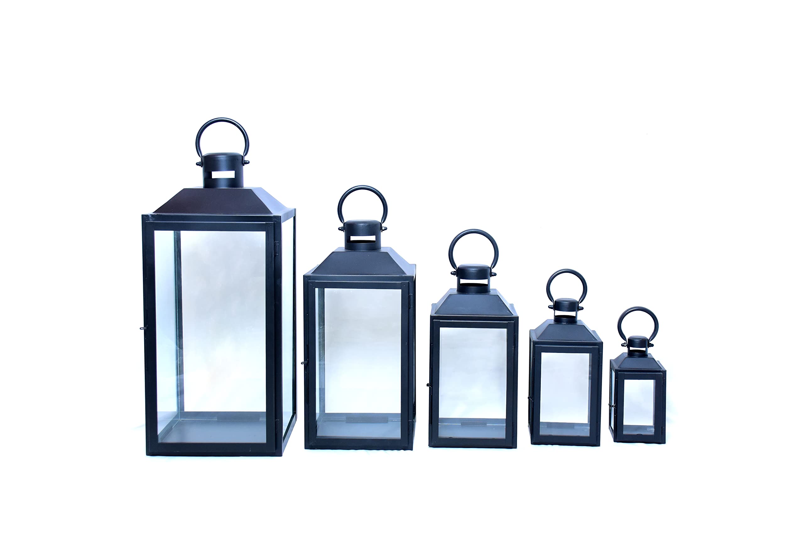 Decorative Metal and Glass Lanterns Set of 5 - Elegant Indoor/Outdoor Lighting for Patio, Garden, Wedding & Home Decor