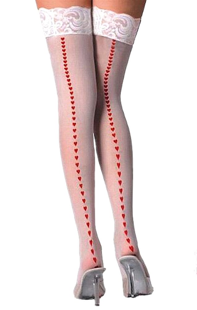 Sexy Women's Lace Top Thigh High Stockings with Red Heart Backseam - Nurse Costume & Lingerie Hosiery for Roleplay, Valentine's Day & Boudoir Photography