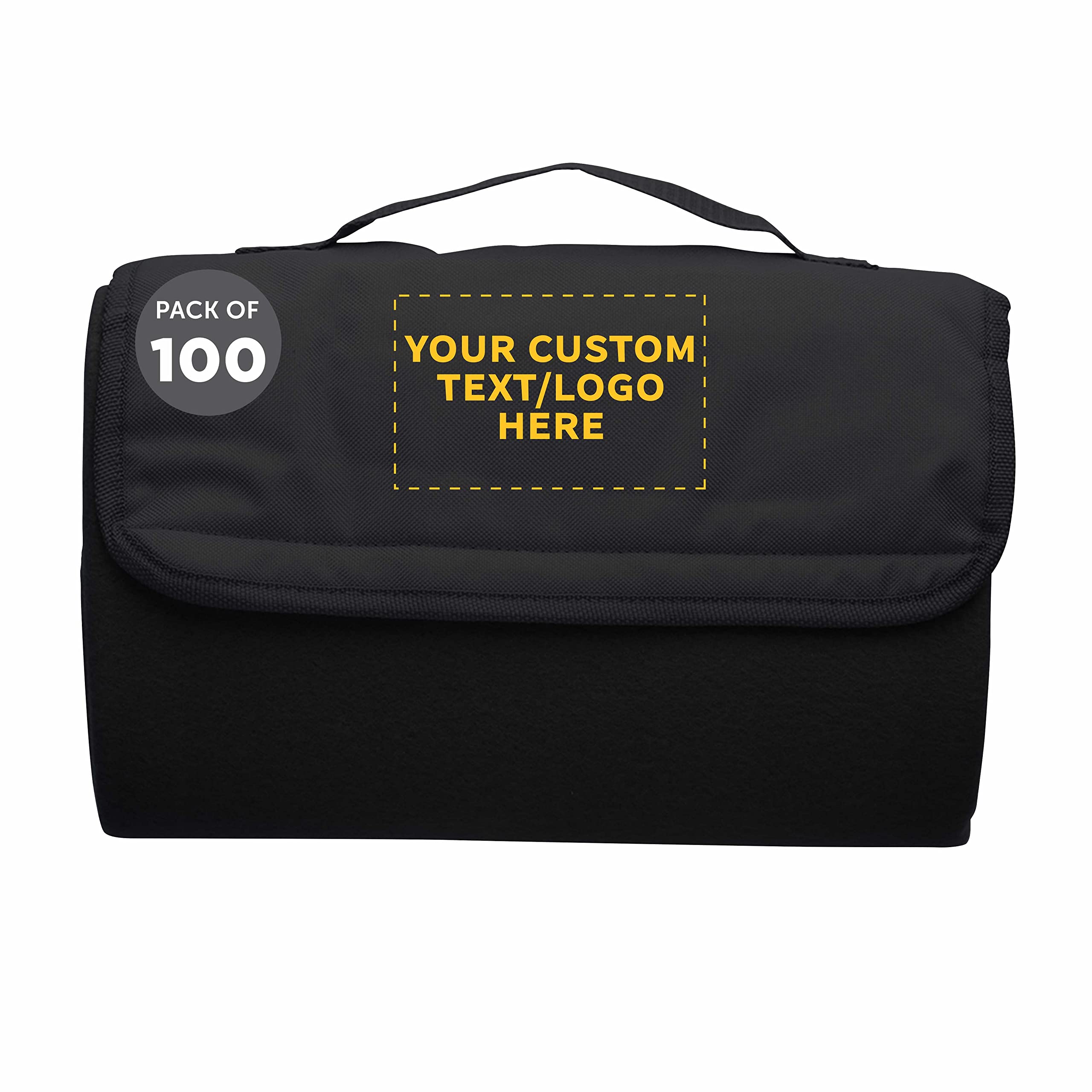 Custom Roll Up Picnic Blankets Bulk Set of 100 - Personalized Waterproof Outdoor Blankets for Camping, Beach, Sports & Picnics - Perfect for Family Outings, Concerts, Park Gatherings & Tailgating - Black