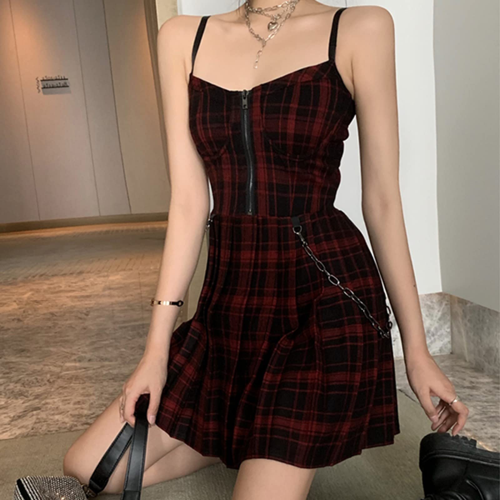 Gothic Punk Plaid Pleated Mini Dress for Women - Sexy Red & Black Spaghetti Strap Sleeveless Preppy Style Short Dress | Perfect for Concerts, Parties, and Gothic Fashion Outfits