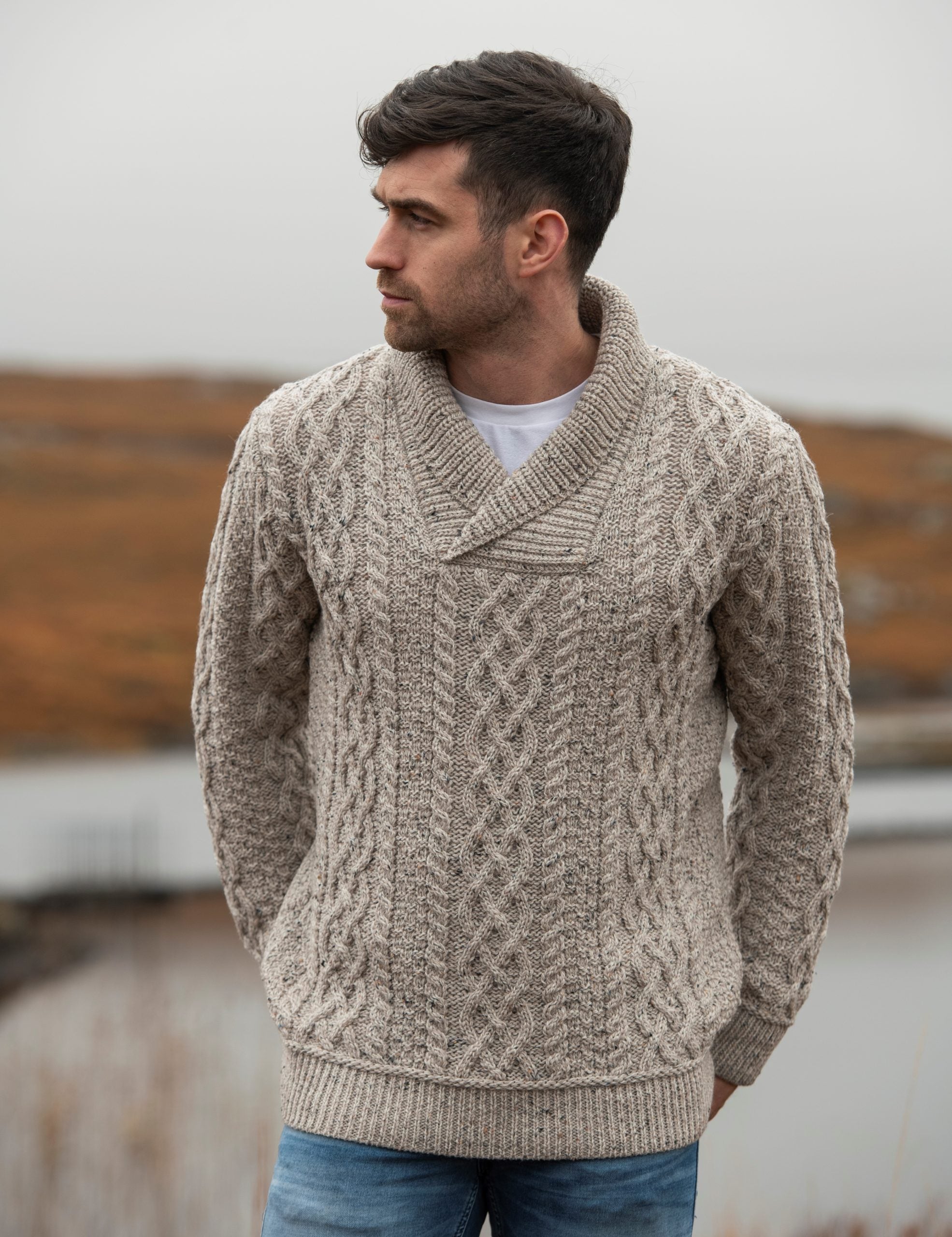 Aran Shawl Collar Cardigan for Women - Soft Wool Knit Sweater - Cozy Winter Pullover for Casual Wear & Office Outfits