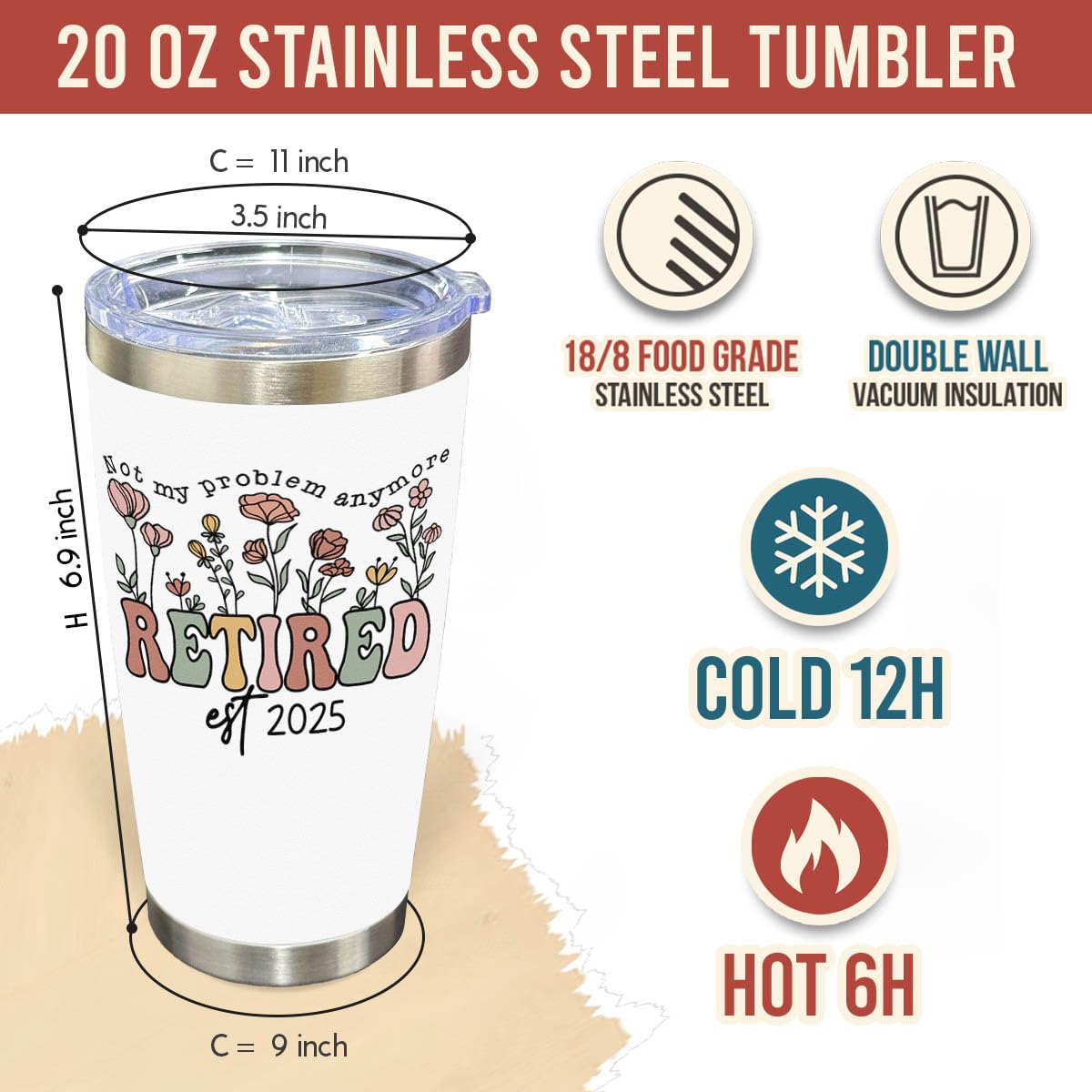 2025 Best Retirement Gifts for Women - 20 oz Stainless Steel Tumbler Cup with 'Not My Problem Anymore' Design - Perfect Farewell Gift for Retired Mom, Wife, Sister, Boss, Coworker, Teacher, Nurse - Ideal for Office Parties, Retirement Celebrations & Daily Use