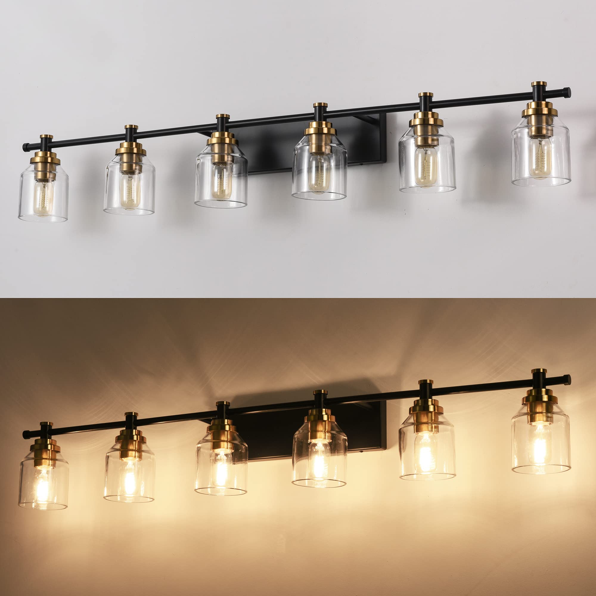 SOLFART 6-Light Black Brass Bathroom Vanity Light Fixture - Vintage Style Mirror Lighting with Thick Clear Glass Shades for Bathroom, Powder Room & Dressing Area