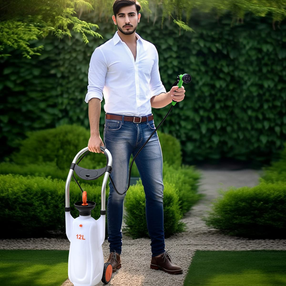 CLICIC 3.1 Gallon (12L) Pressure Sprayer with 7 Spray Modes & 2 Water Nozzles - Portable Camping Shower with Removable Hose & Shower Head - Ideal for Outdoor Travel, Hiking, Gardening, Pet Bathing & Car Washing