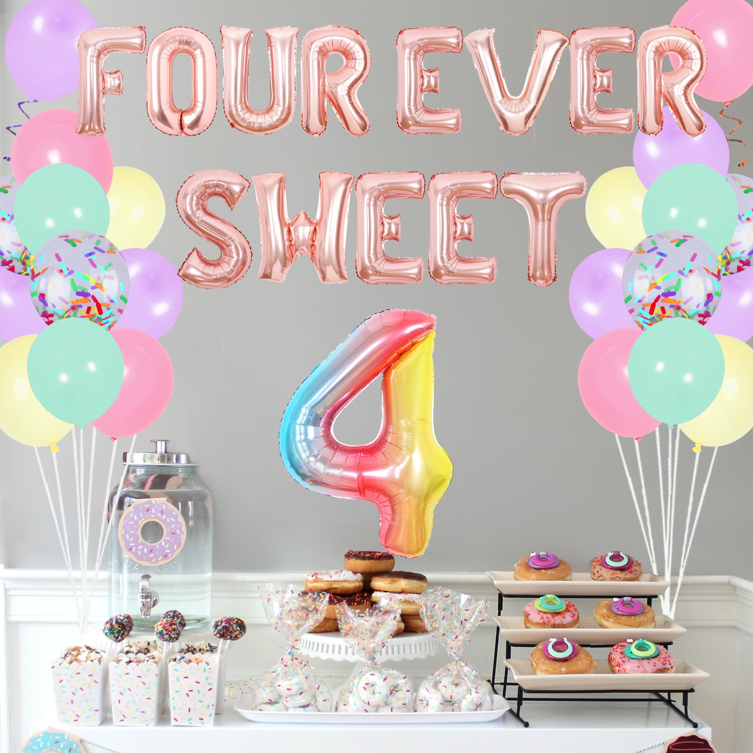 Donut 4th Birthday Party Decorations Set - Four Ever Sweet Theme for Girls, Doughnut Balloon Arch & Happy Birthday Banner - Perfect for 4 Year Old's Party, Baby Shower, or Dessert-Themed Celebration
