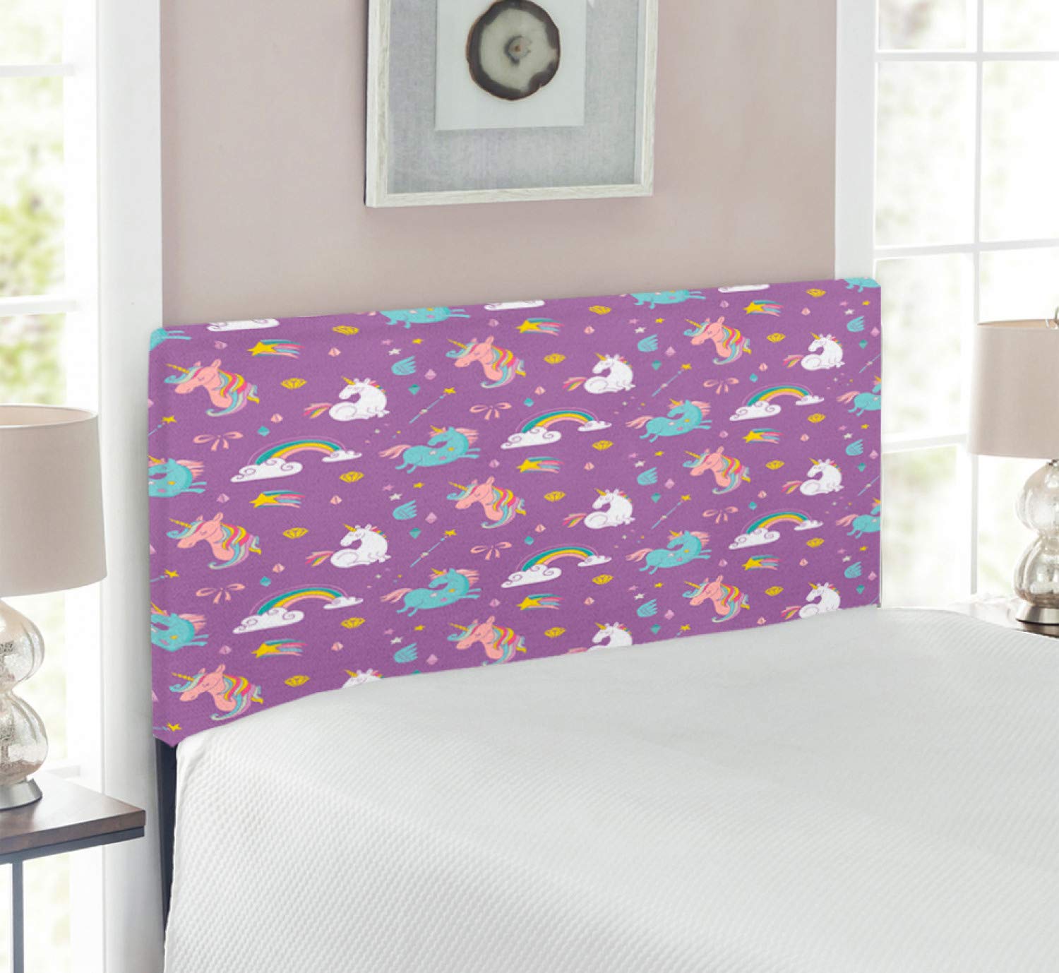 Ambesonne Magic Headboard - Twin Size Upholstered Decorative Metal Bed Frame with Memory Foam, Unicorn & Rainbow Diamond Wand Pattern for Girls Room | Fantasy Themed Bedroom Decor for Kids & Teens