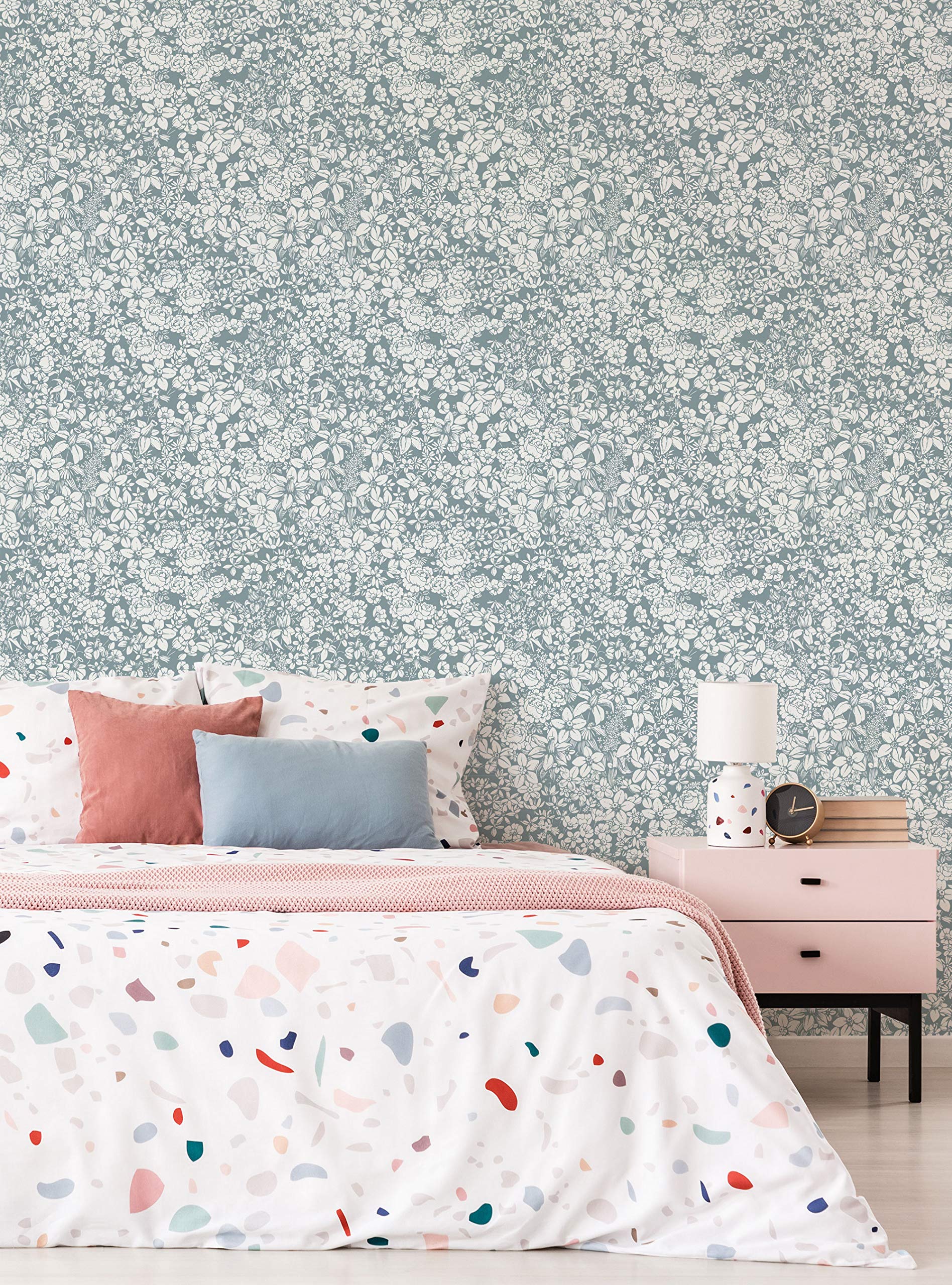 Blue Peel and Stick Flower Land Wallpaper - Simple Shapes Design (2ft x 9ft Single Sheet) - Perfect for Bedroom, Nursery, or Home Office Decoration