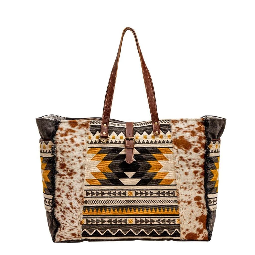 Myra Bag Western Leather Weekender Bag for Women - Cotton & Upcycled Canvas Boho Shoulder Bag | Perfect for Travel, Weekend Getaways & Boho Fashion | Durable & Stylish Trilang Design