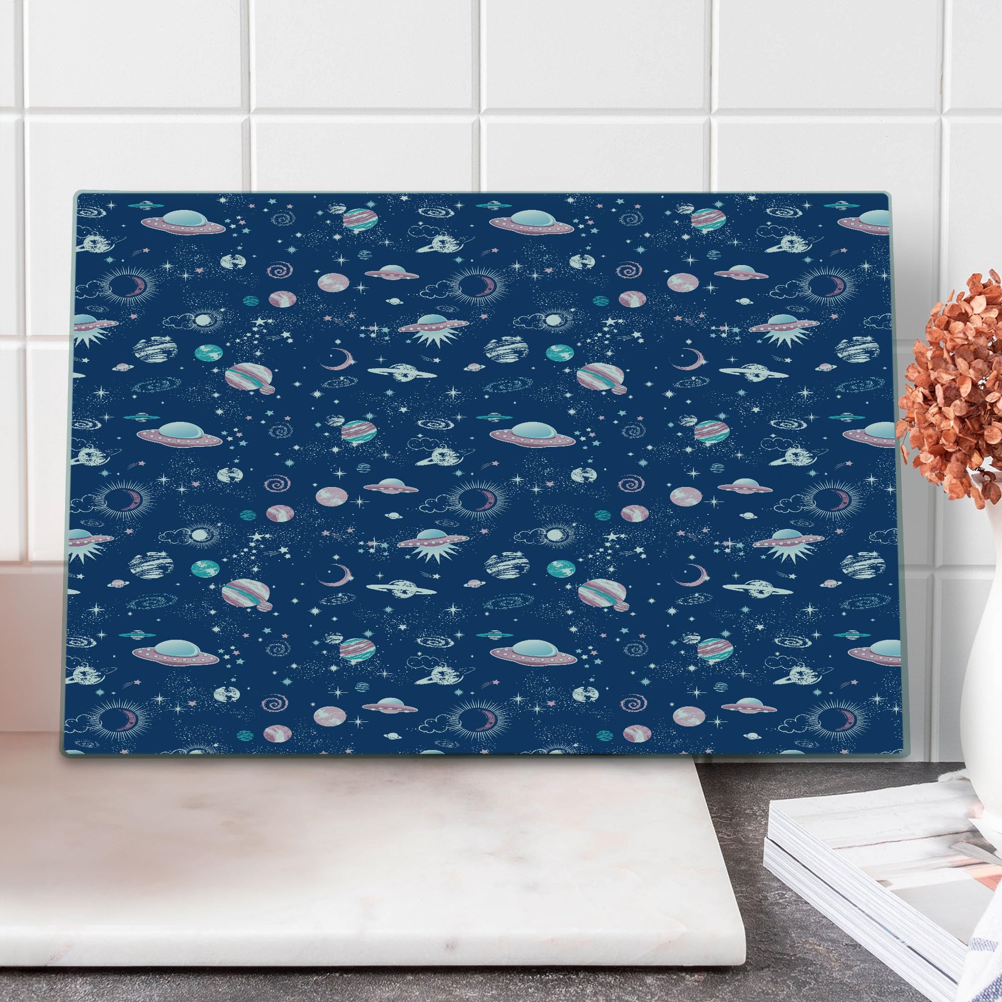 Ambesonne Blue Sky Tempered Glass Cutting Board - Abstract Saturn UFO Aliens Galaxy Planets Design - Large Decorative Serving Board for Kitchen & Dining - Perfect for Entertaining, Charcuterie & Cheese Platters