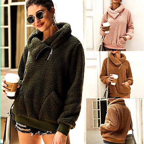 Women's Casual Turtleneck Fuzzy Fleece Sweatshirt - Long Sleeve Oblique Zipper Pullover Loose Sweater Tops Blouse with Pockets for Winter Warmth and Cozy Outings
