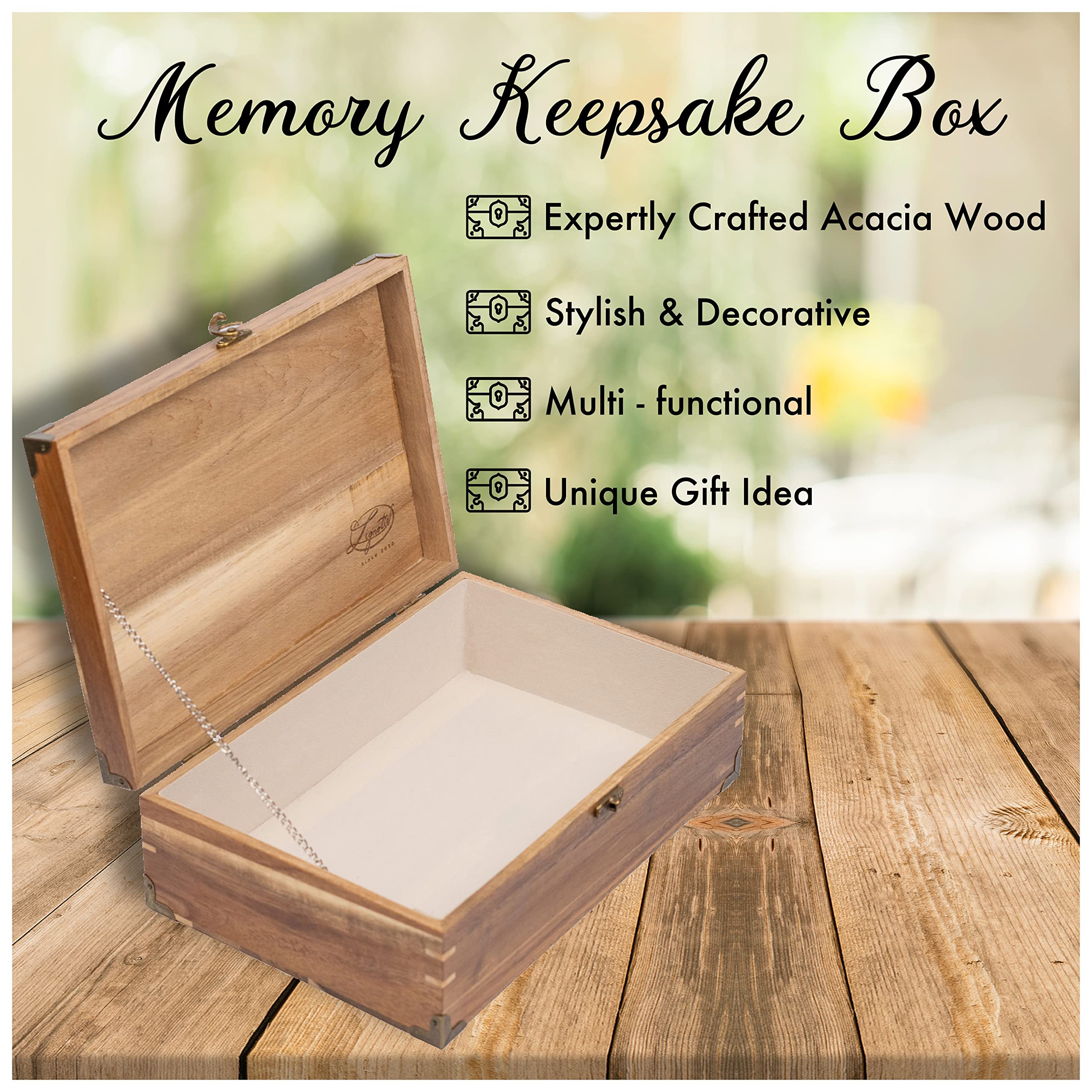 Large Rustic Wooden Memory Keepsake Box with Hinged Lid & Chamois Leather Lining - Decorative Storage Box for Wedding, Anniversary, Baby Keepsakes & Family Heirlooms - Perfect for Home Decor, Gift Giving & Organizing Cherished Mementos