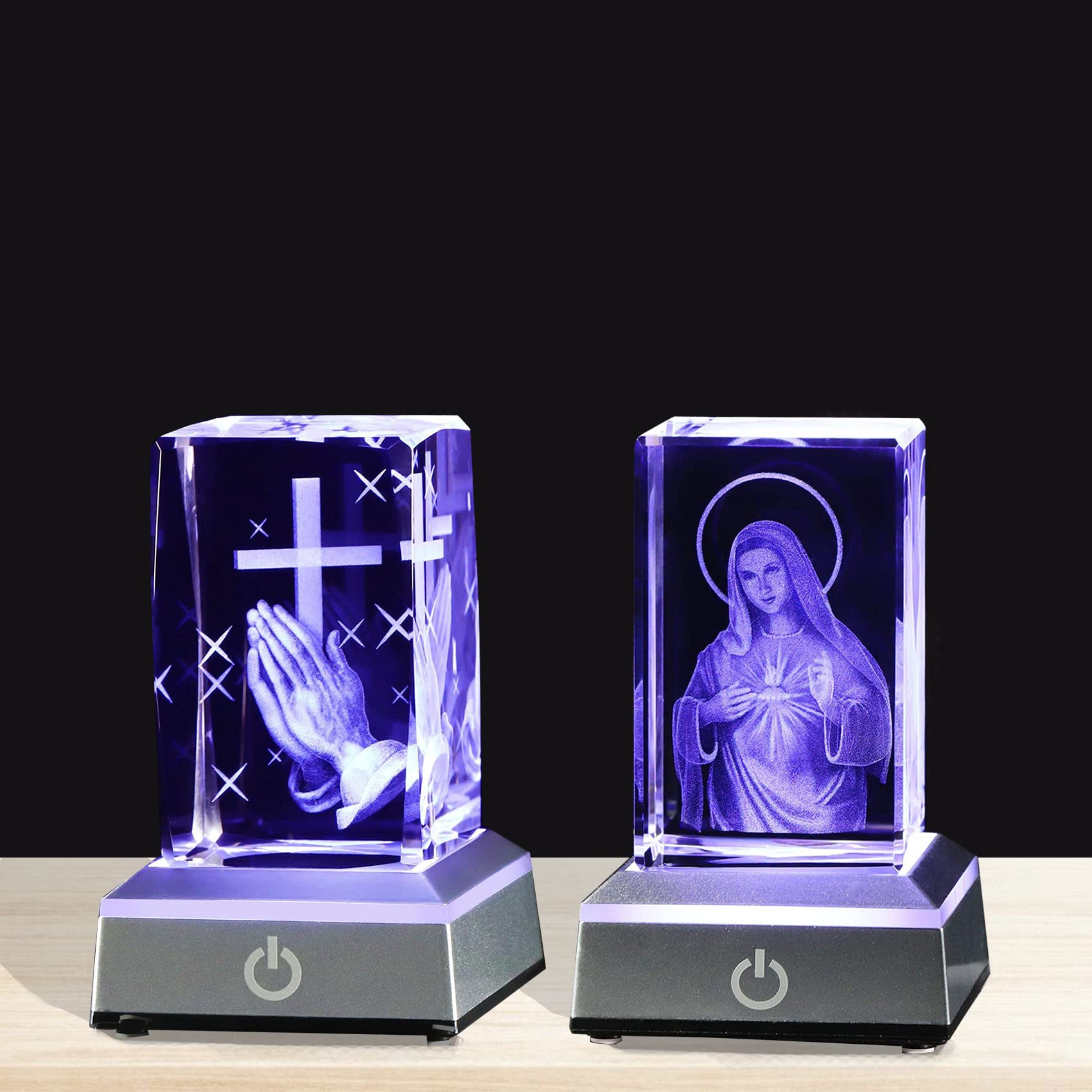 YWHL 3D Crystal Cross Figurine with LED Light Base - Laser Engraved Blessed Mother Religious Gift for Women & Christian Home Decor - Perfect for Baptism, Confirmation & Prayer Room Decorations