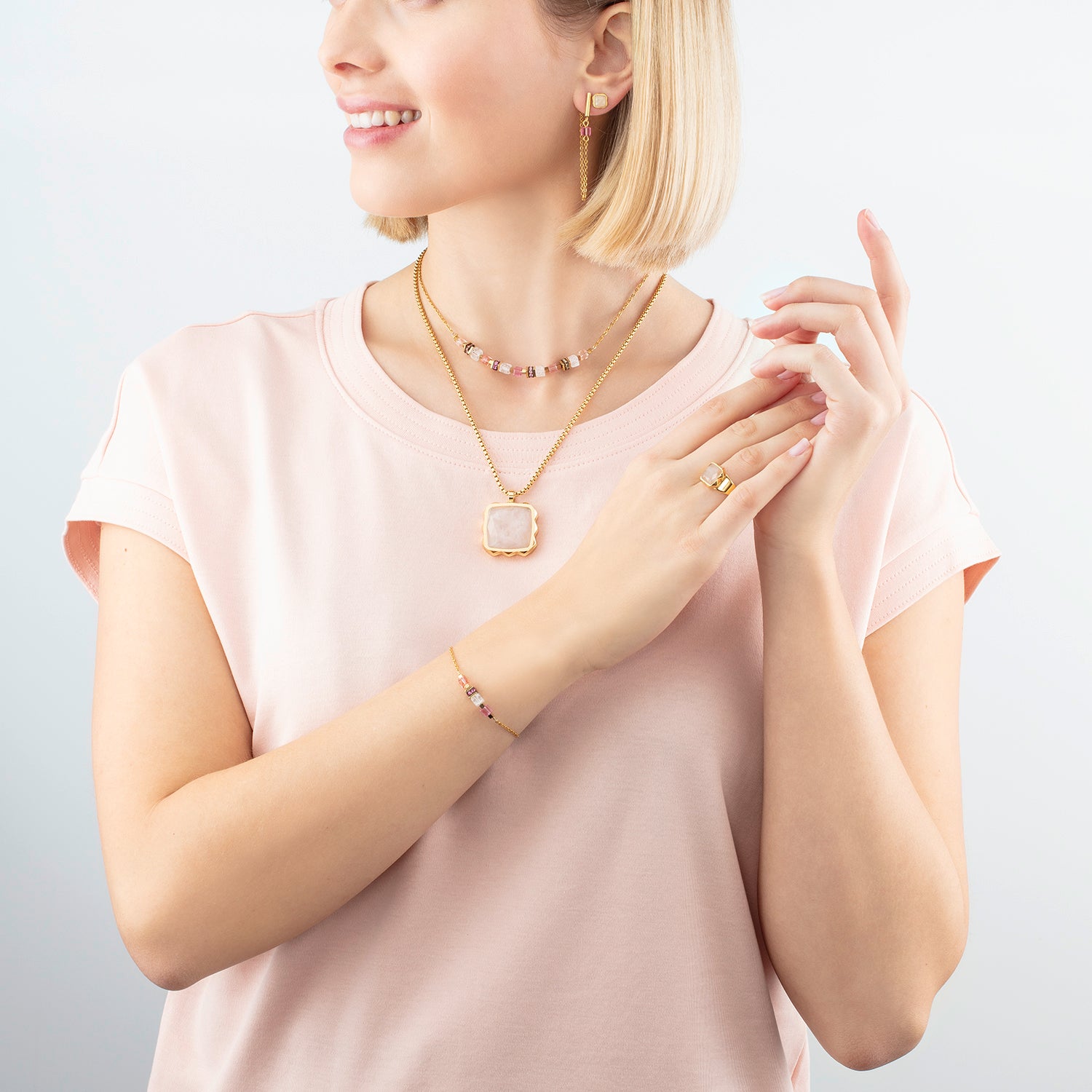 Rose Quartz Square Ring Spikes - Gold Pink Jewelry for Women, Fashion Statement for Parties & Everyday Wear