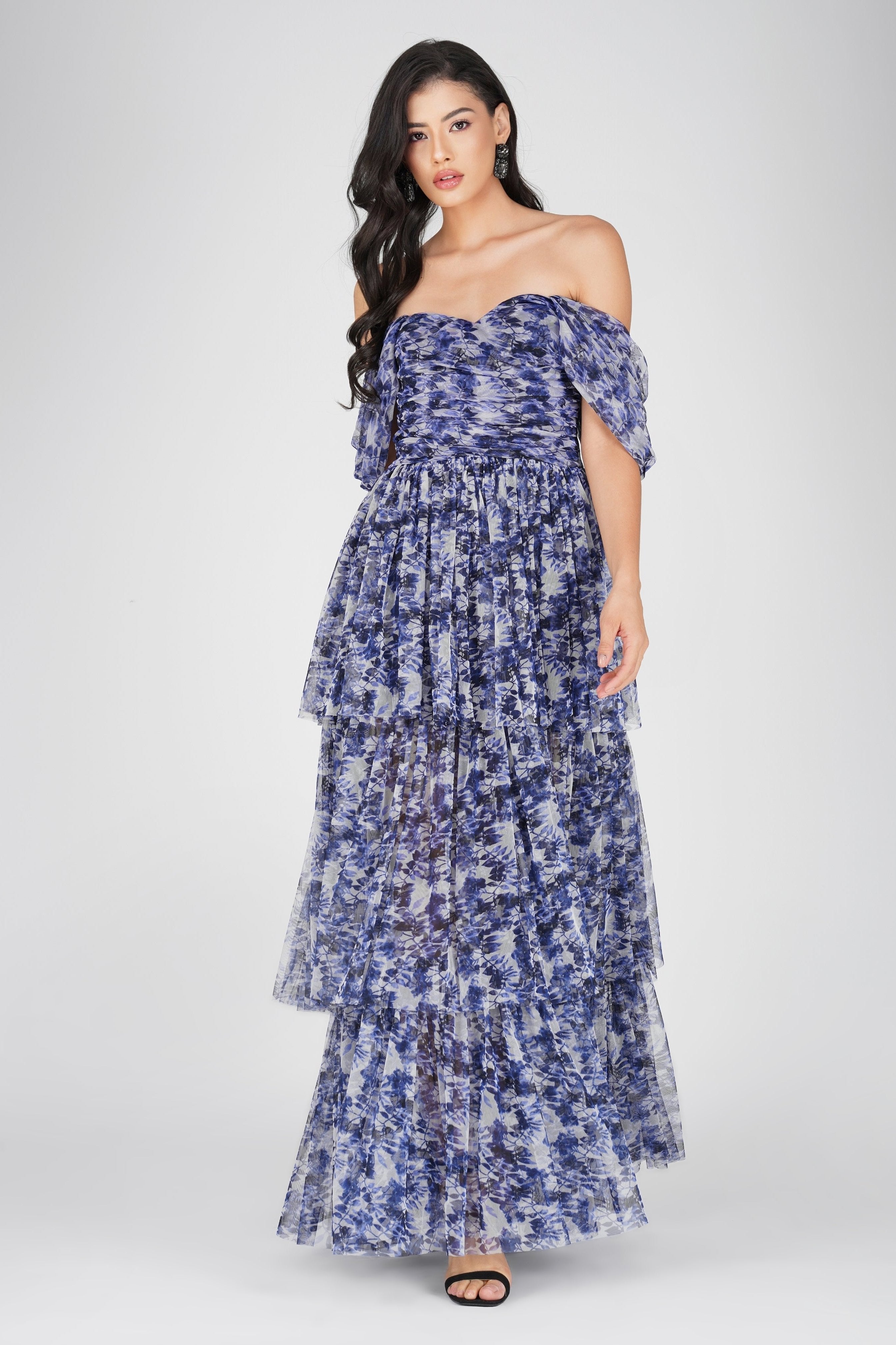 Blue Leaf Print Sydney Tulle Maxi Dress - Elegant Flowy Beach Wedding Party Gown for Women