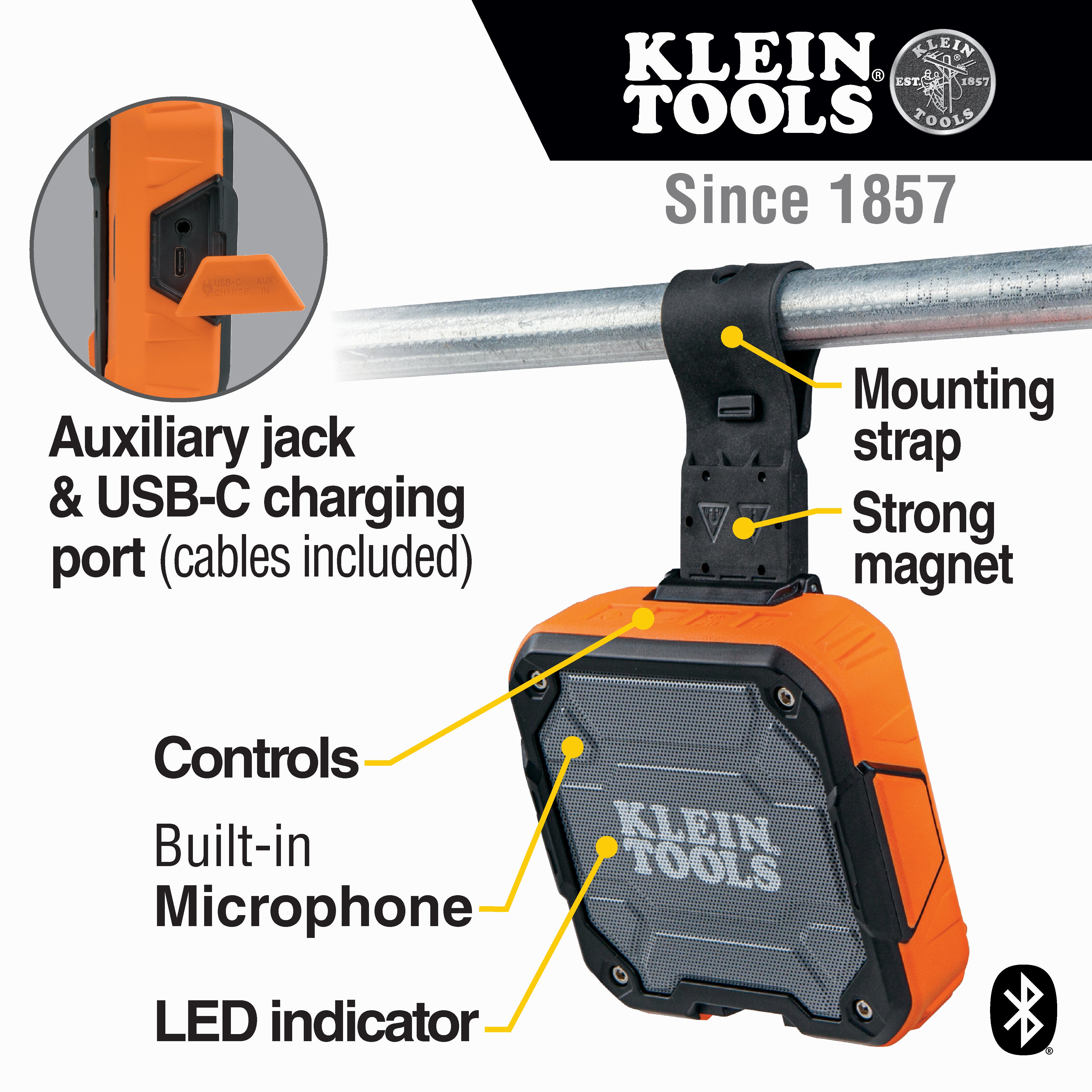 KLEIN AEPJS2 Portable Bluetooth Speaker with Magnetic Strap - Wireless Outdoor Speaker for Hiking, Camping & Beach (Waterproof & Shockproof)