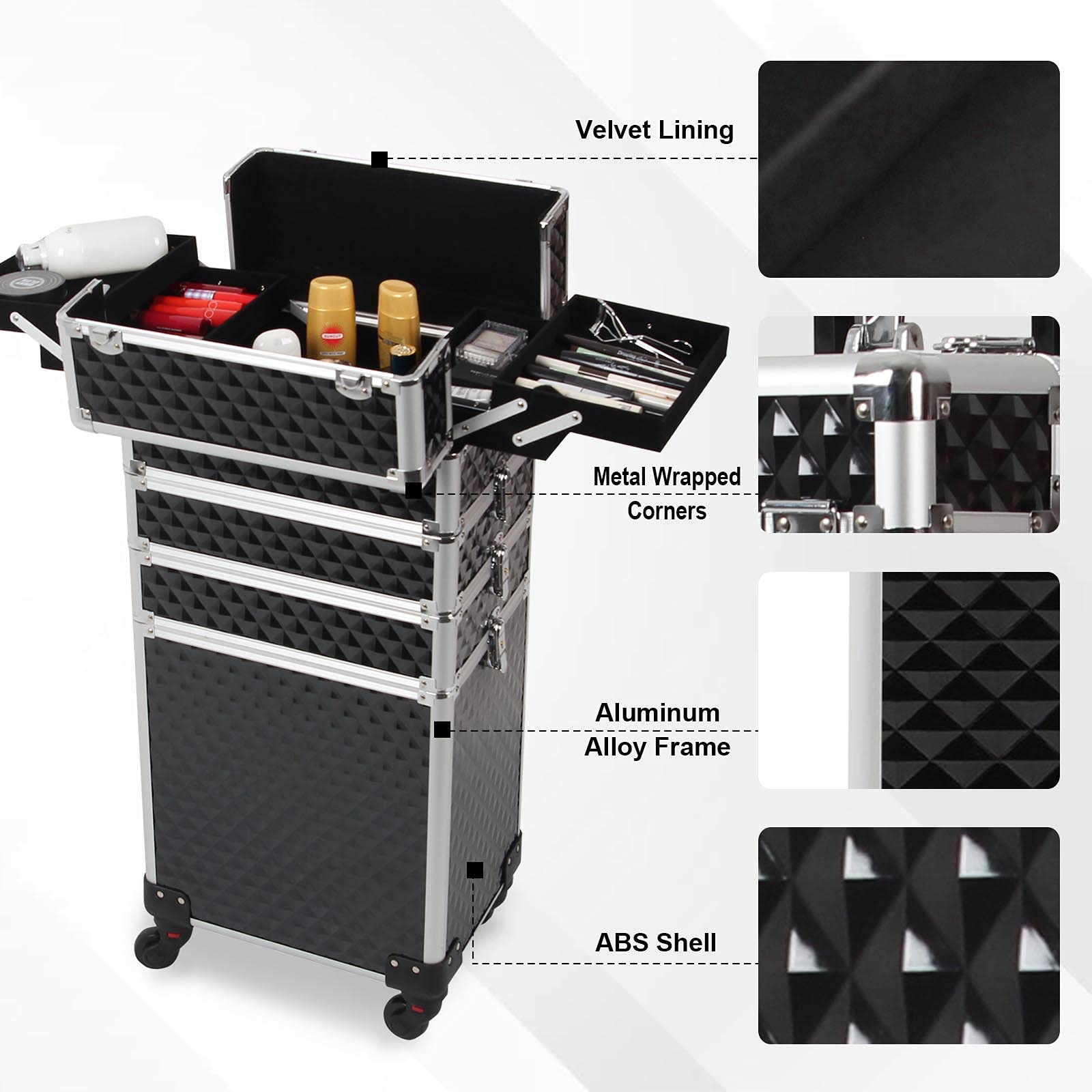 4 in 1 Professional Makeup Train Case with Large Storage - Lockable 4-Wheel Rolling Cosmetic Trolley with Diamond Surface (Black) | Perfect for Salon Professionals, Makeup Artists & Travel Organization