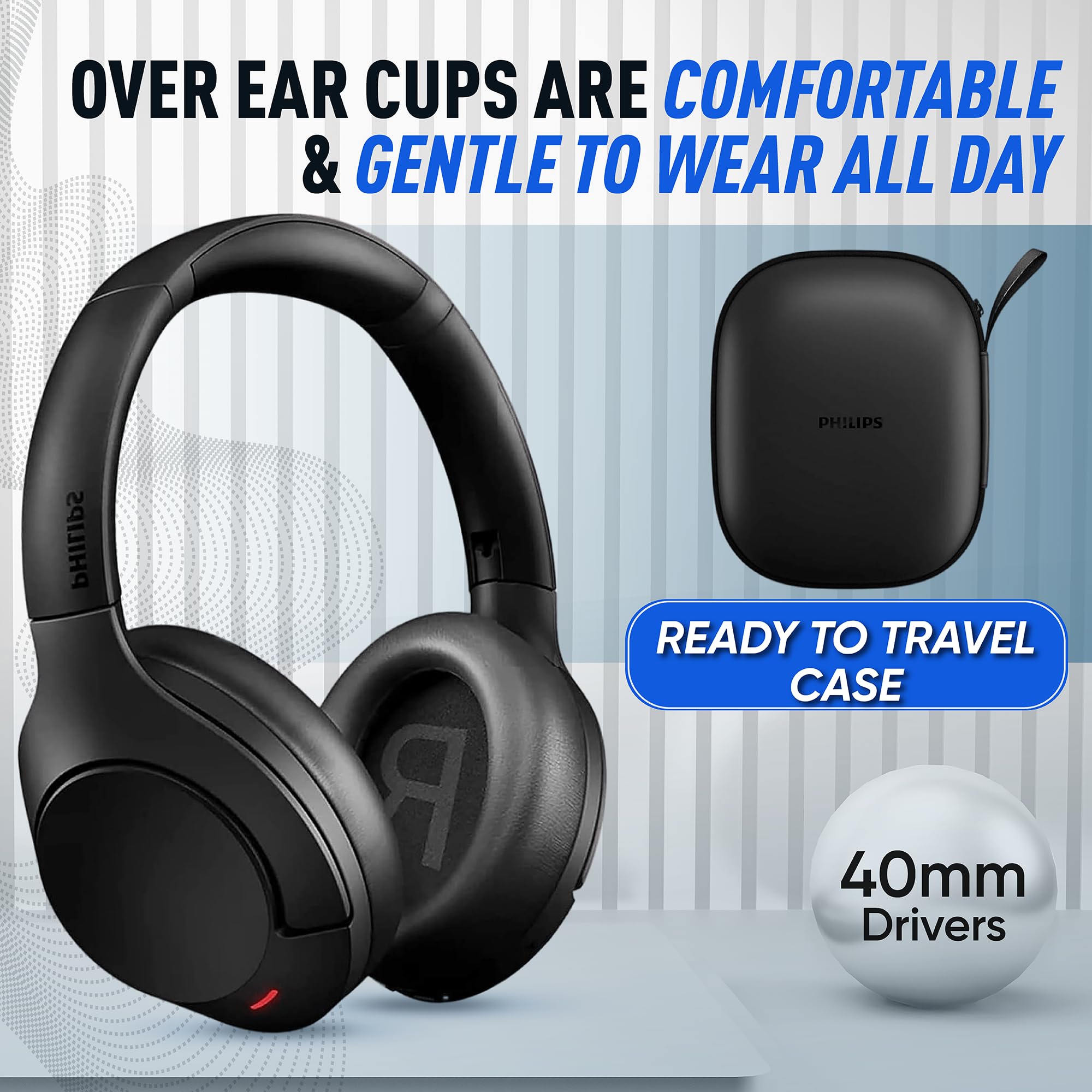 Philips Wireless Noise Cancelling Over-Ear Headphones with Bluetooth, Removable Mic & Touch Control - 55H Playtime for Travel, Work & Gaming