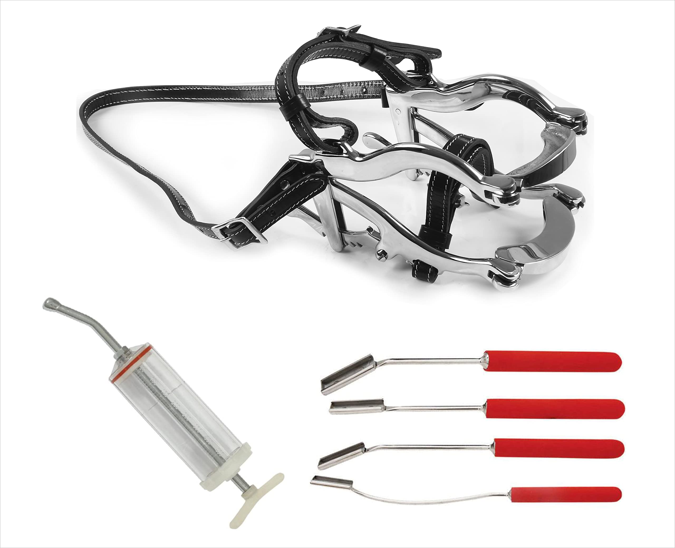 Equine Dental Speculum 6 Ratchet with 4pc Dental Teeth Floats & 400mL Plastic Dose Syringe - Veterinary Horse Dental Tools for Equine Teeth Floating & Oral Care