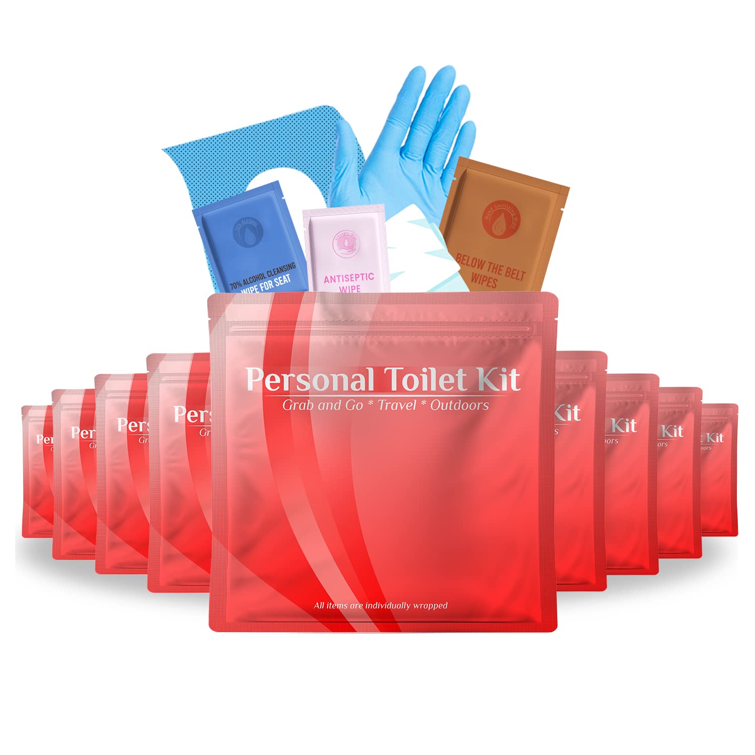 10-Pack Red Personal Toilet Kit for Travel - Compact & Portable Toiletry Bag for Camping, Gym, Business Trips & Emergency Preparedness