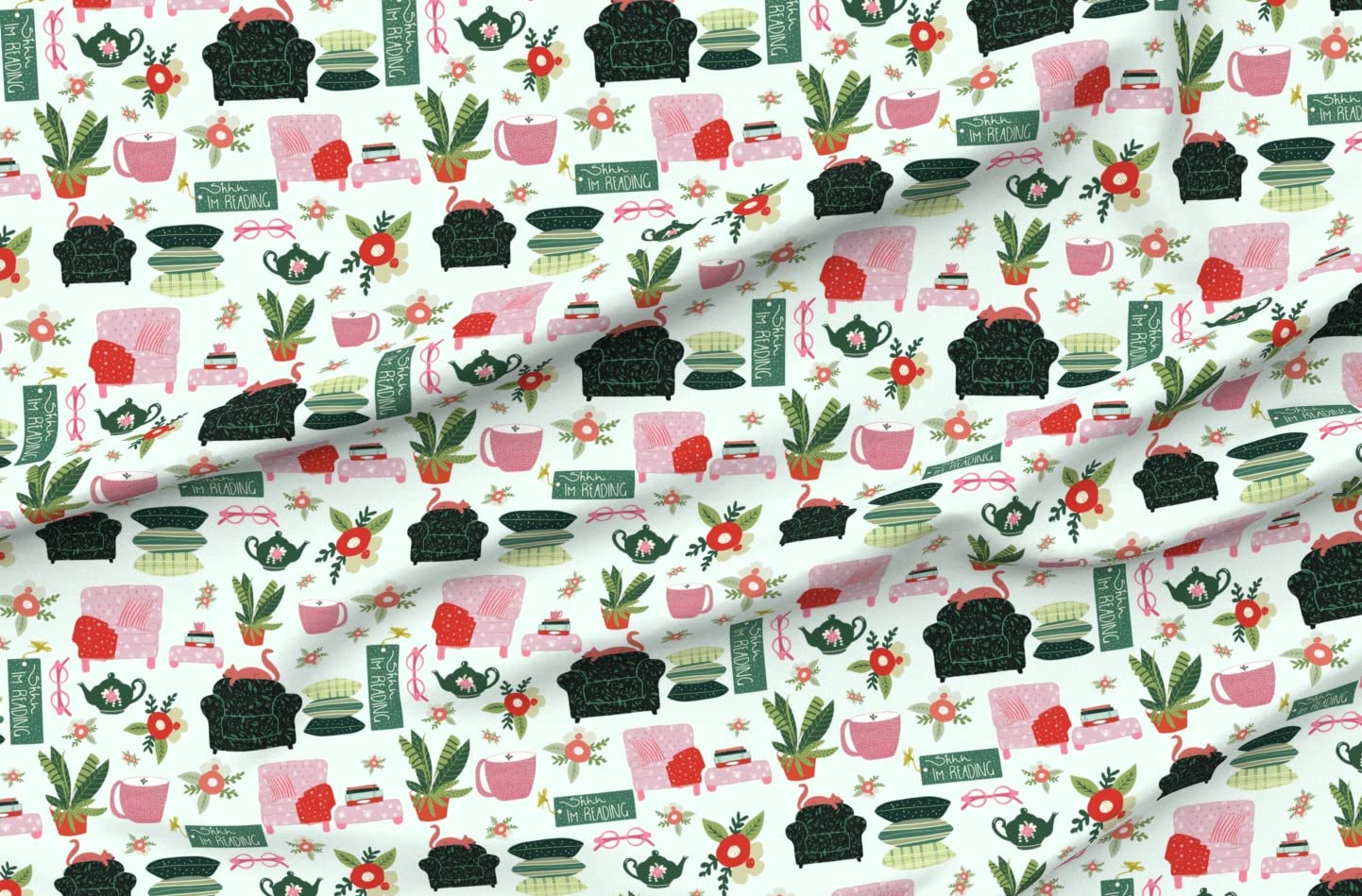 Premium Spoonflower Fabric - Hygge Houseplants & Reading Books Print on Satin Fabric by The Yard for Sewing, Apparel, Fashion, Blankets & Home Decor | Perfect for DIY Projects, Curtains, Pillows & Cozy Interior Design