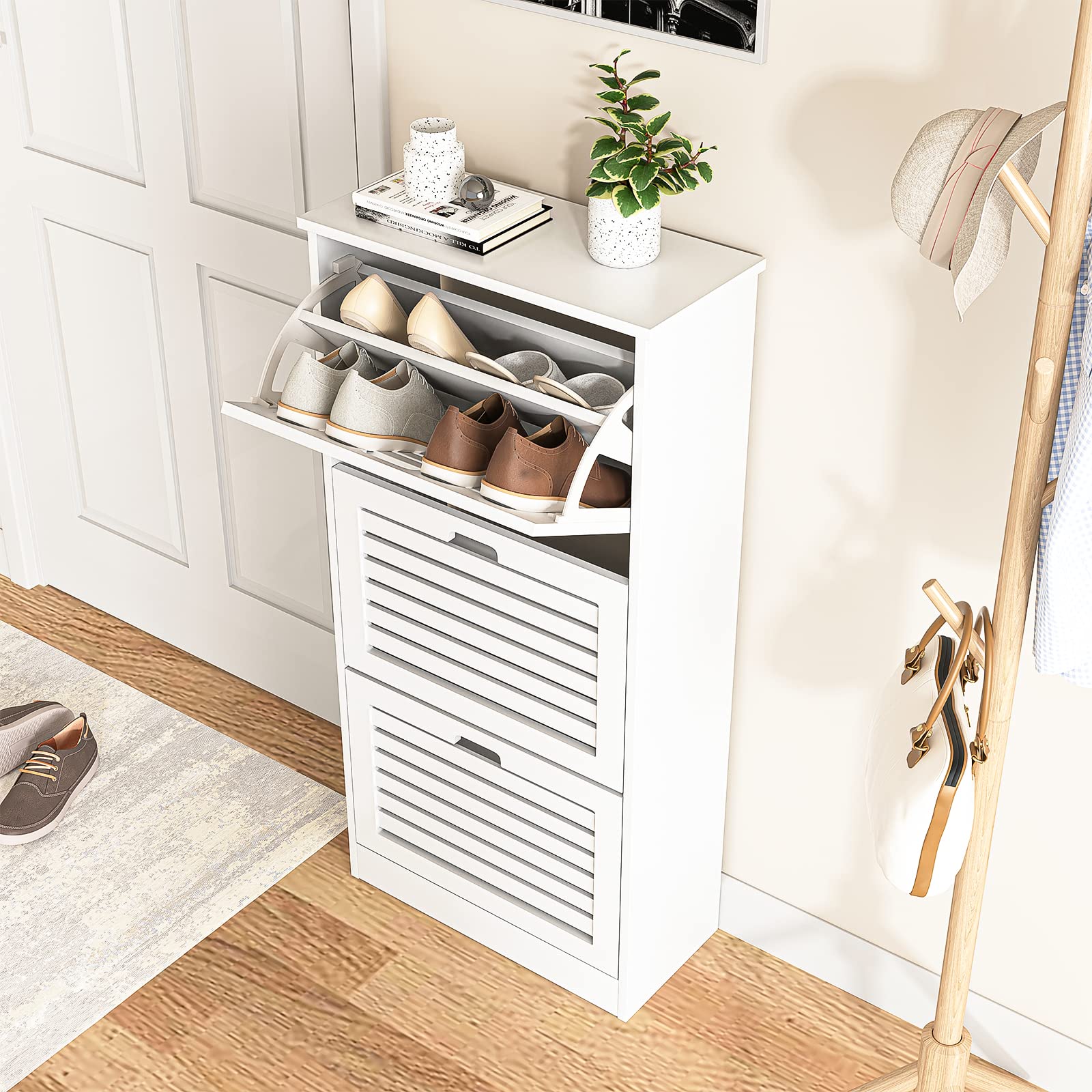 VERYKE 3-Drawer Wooden Shoe Storage Cabinet - White Modern Shoe Organizer with Flip Doors & Anti-Tip Device - Freestanding Entryway Shoe Rack for Hallway, Living Room, Bedroom & Closet Organization
