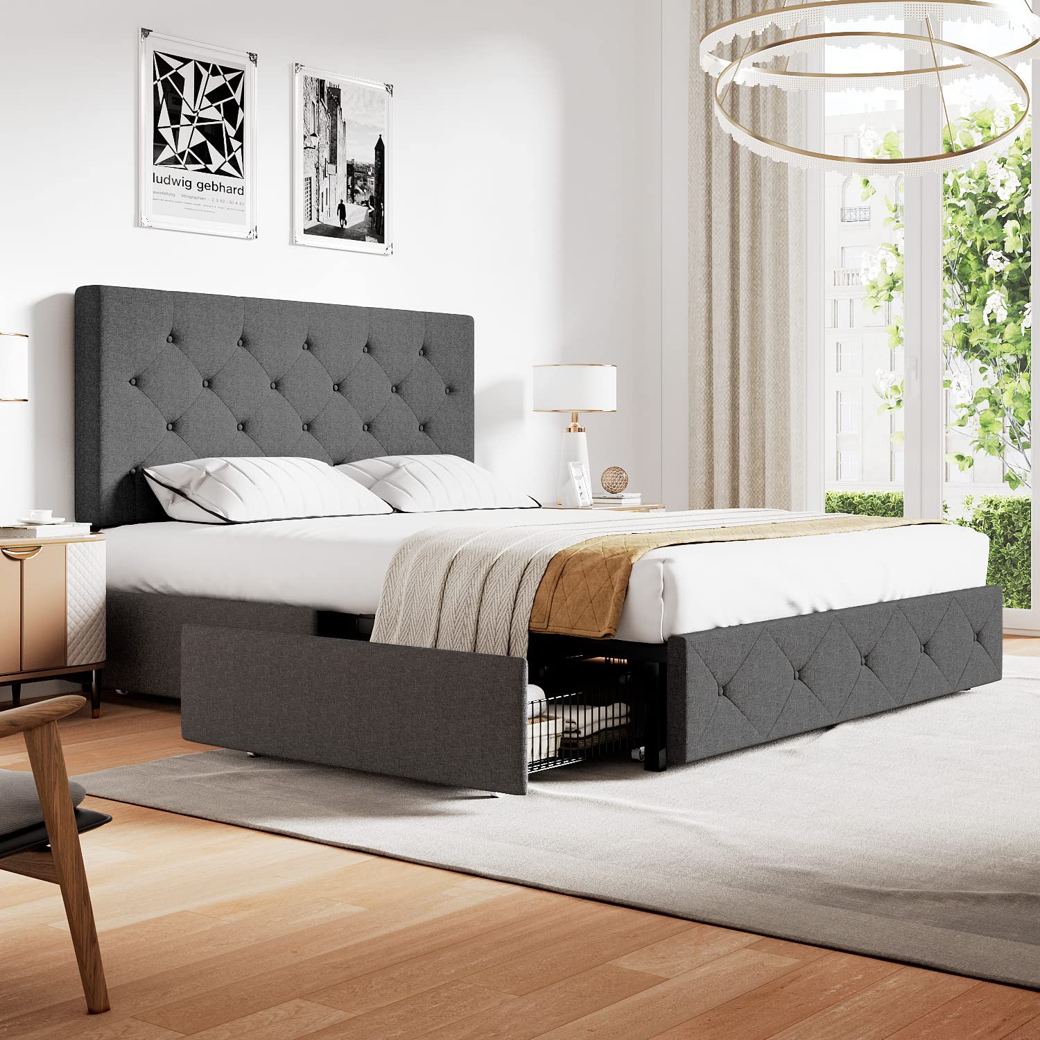 IMUsee Queen Bed Frame with Storage Drawers - Upholstered Platform Bed with Adjustable Diamond Tufted Headboard, Wood Slat Support, No Box Spring Needed, Dark Grey - Perfect for Small Bedrooms, Guest Rooms & Modern Apartments