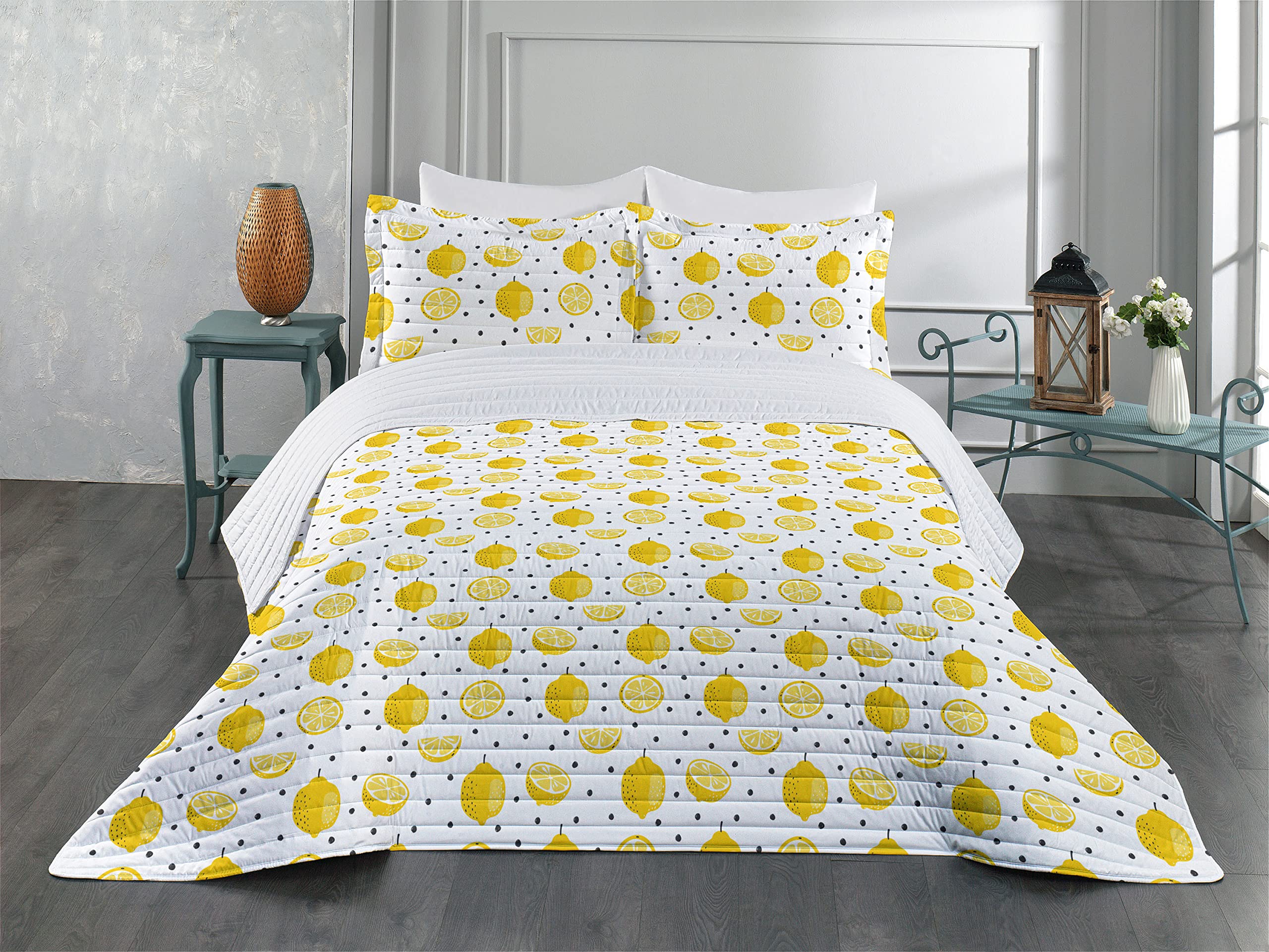 Ambesonne Lemon Microfiber Bedspread Set - Summer Citrus Fruit & Polka Dot Pattern Queen Size Bedding with Pillow Shams & Comforter in Mustard Charcoal Grey | Soft Breathable Bedroom Decor for Summer, Guest Room & Dorm